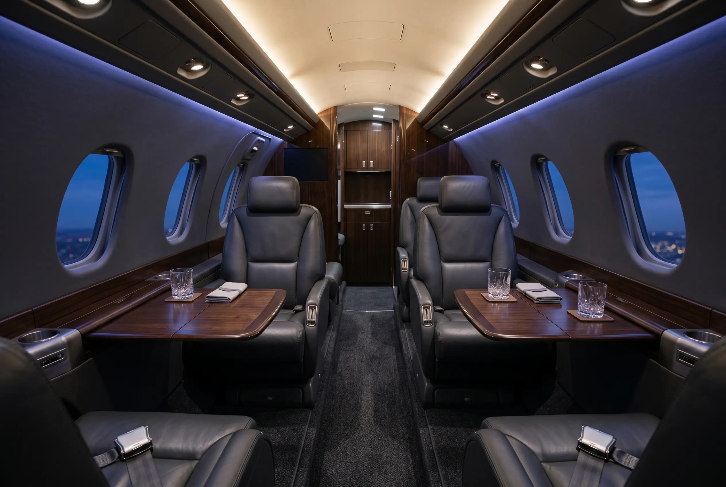 Cessna Citation X+ stand-up cabin with double-club seating, configured for a fast New York to Miami charter