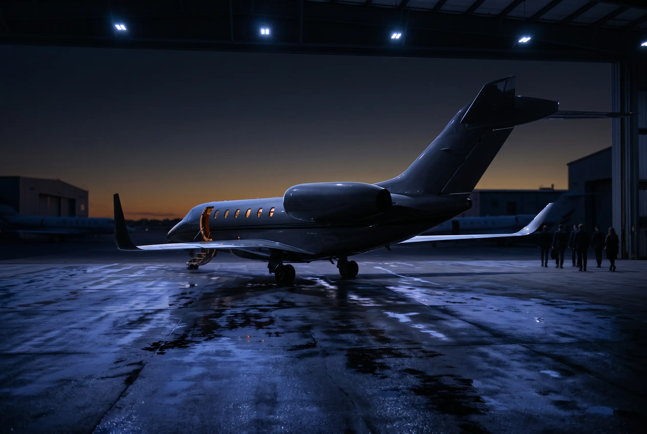 Cessna Citation X+ with its swept wing on a private ramp at dusk before a New York to Miami departure