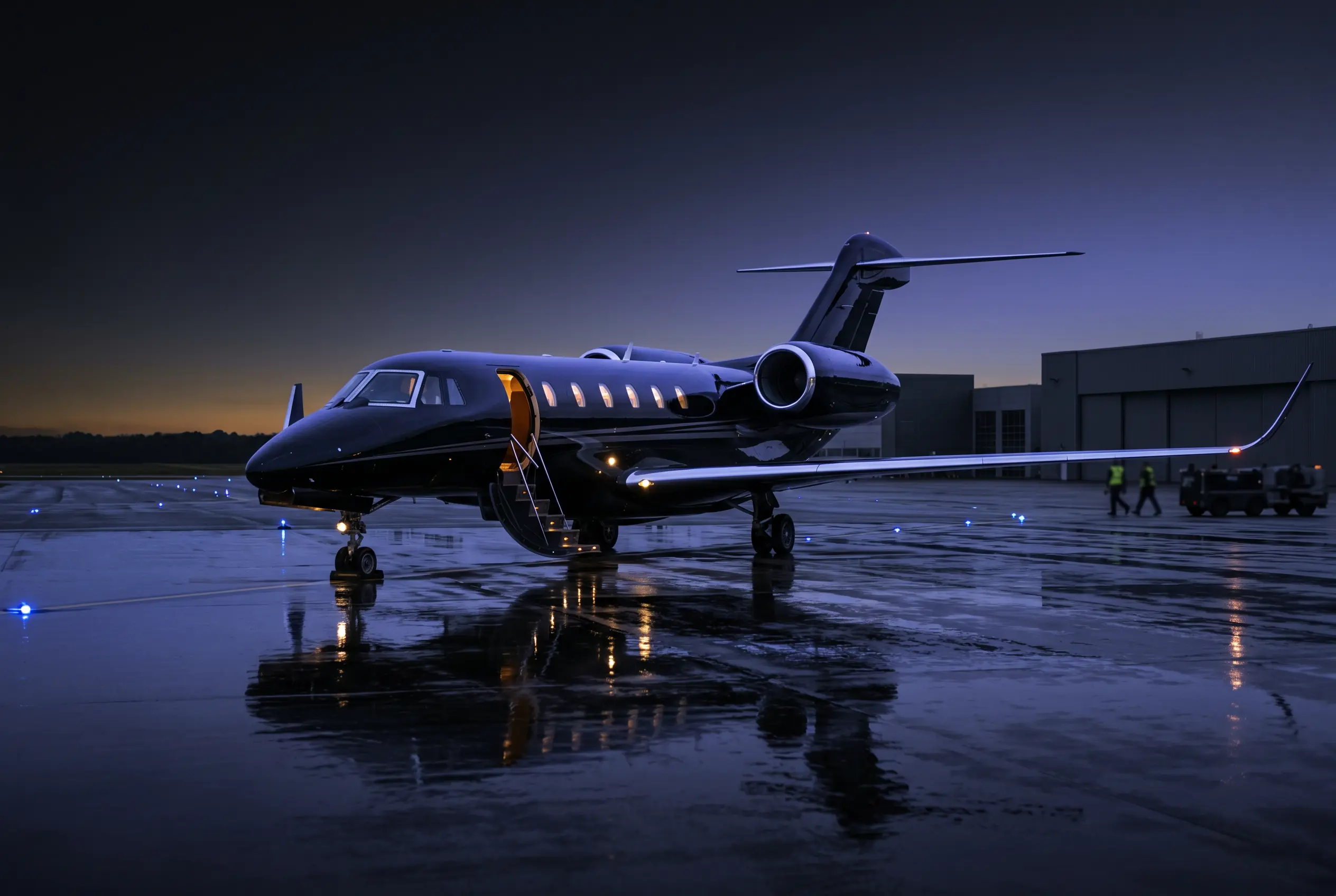 Cessna Citation X+ cruising at high altitude near Mach 0.9 at dusk en route from New York to Miami