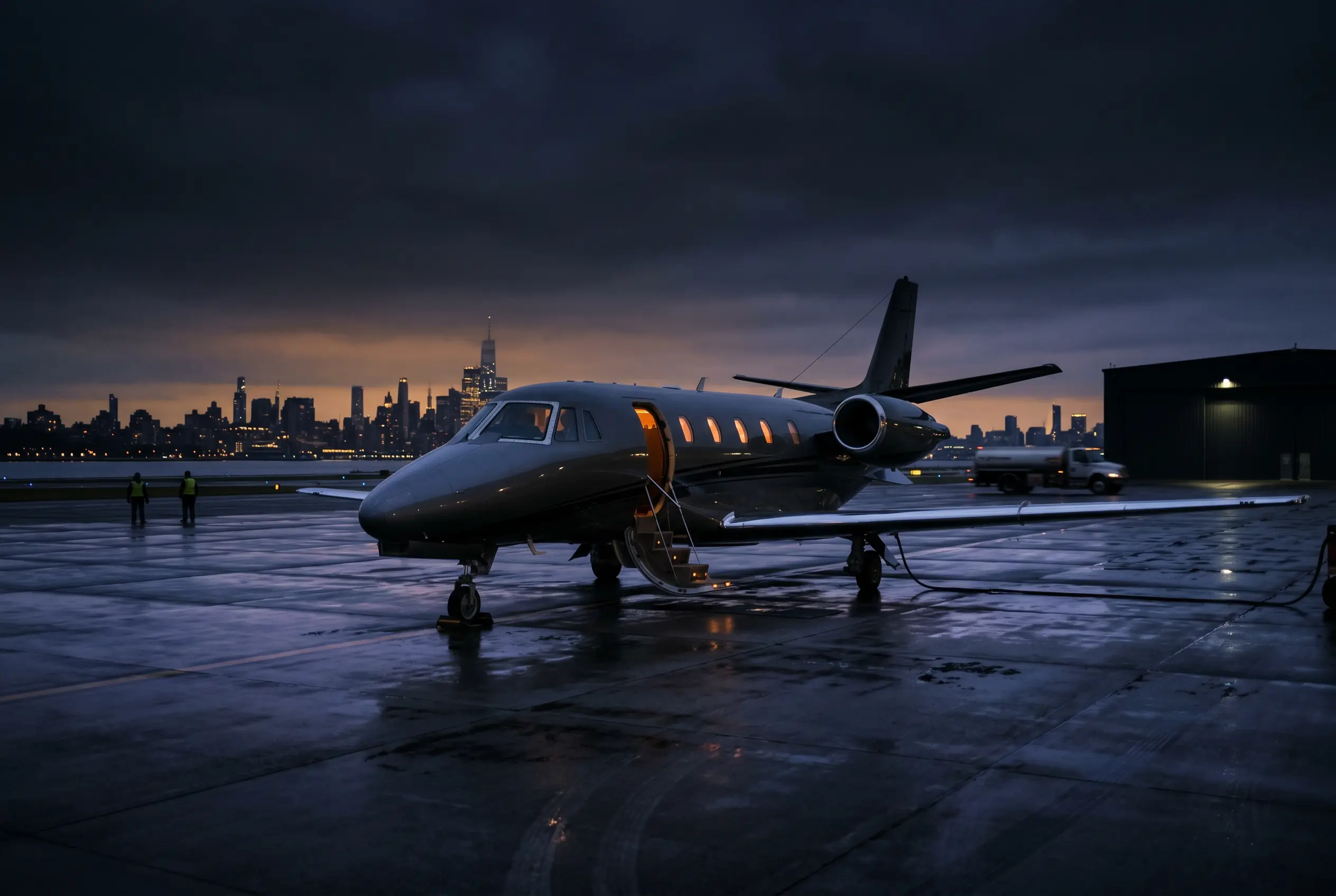 Cessna Citation XLS+ on a private ramp at dusk before a New York to Miami departure
