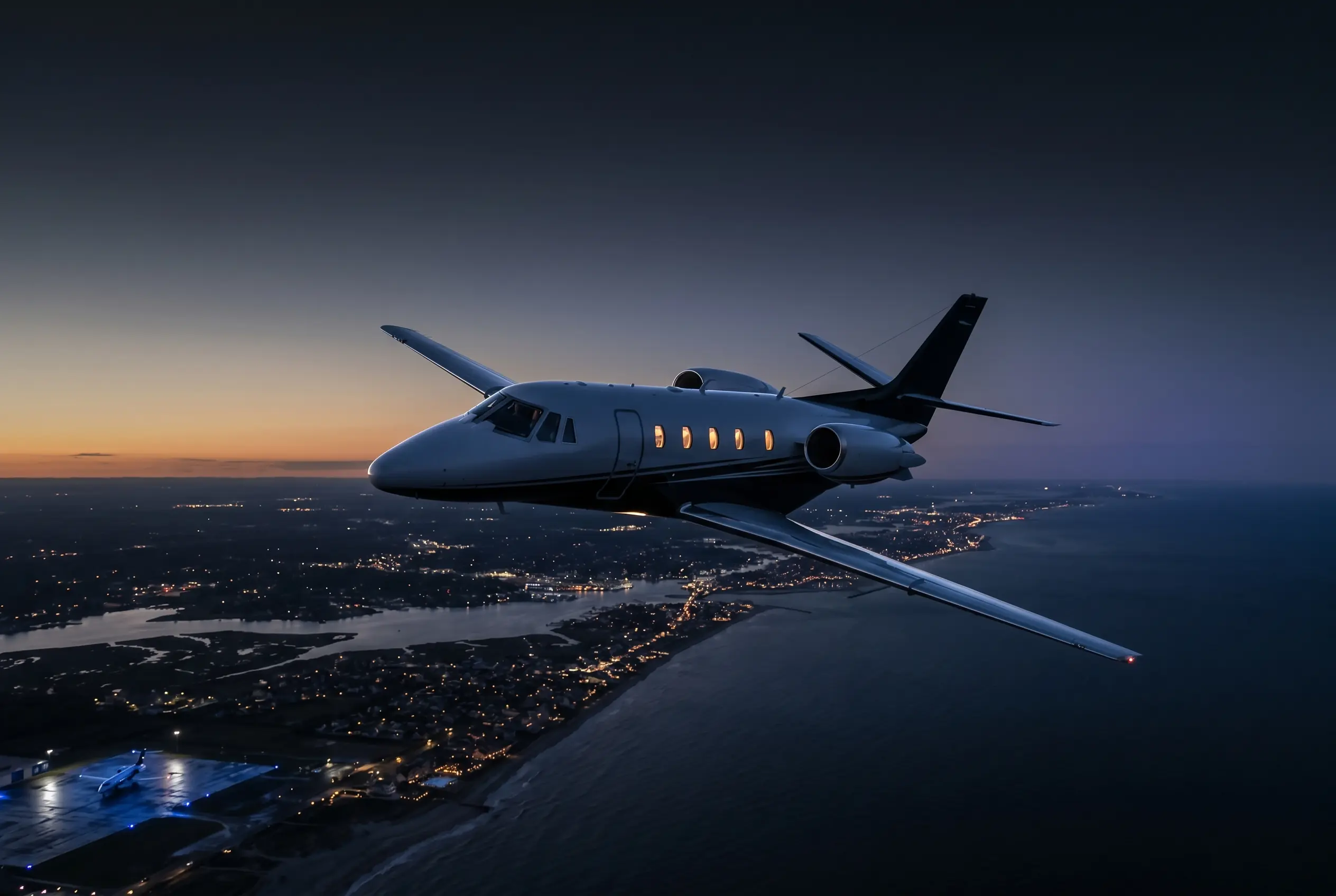 Cessna Citation XLS+ in flight at dusk above the Eastern Seaboard en route from New York to Miami