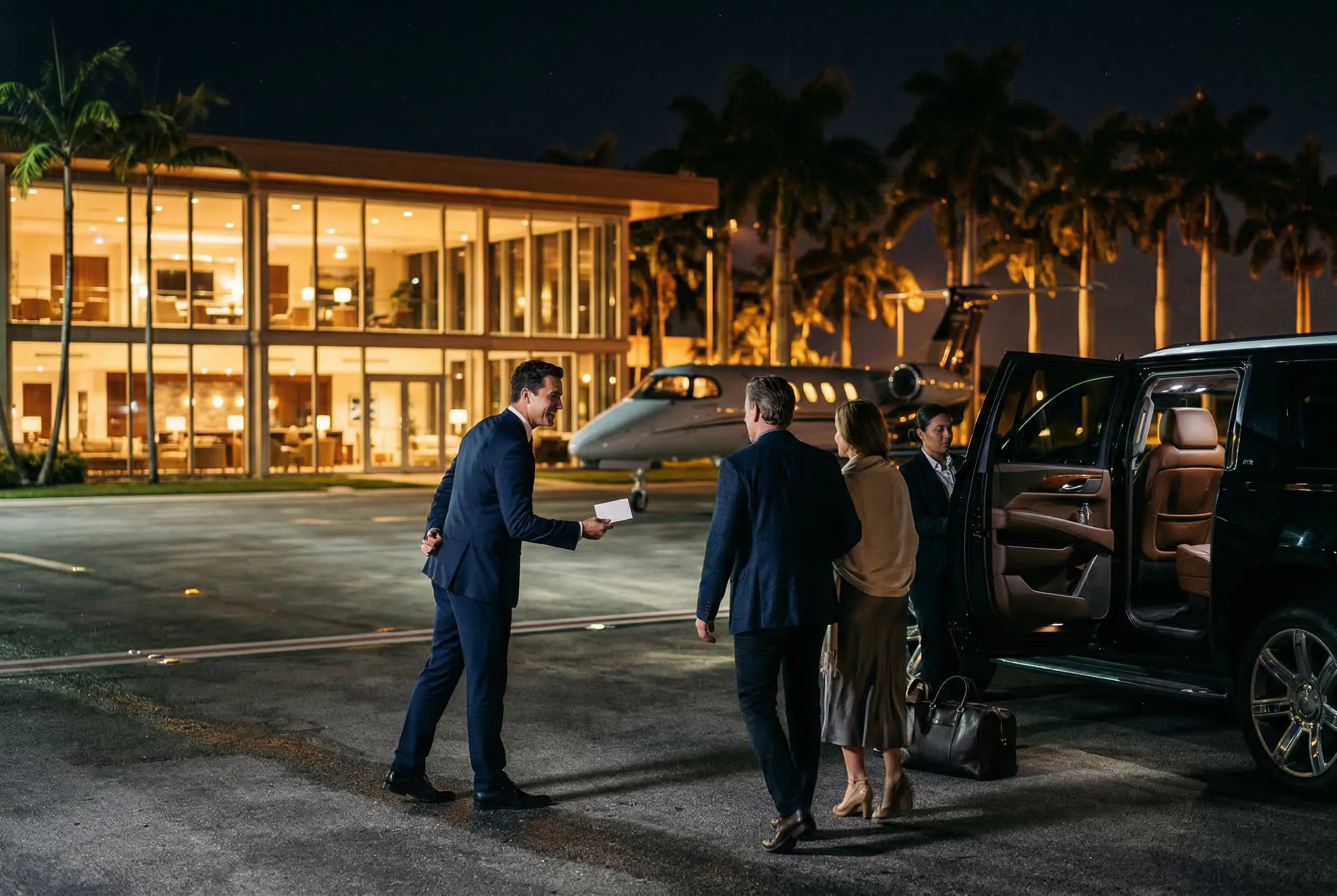 Aviation concierge greeting arriving passengers at a tropical FBO — luxury SUV waiting for seamless NY to Miami transfer