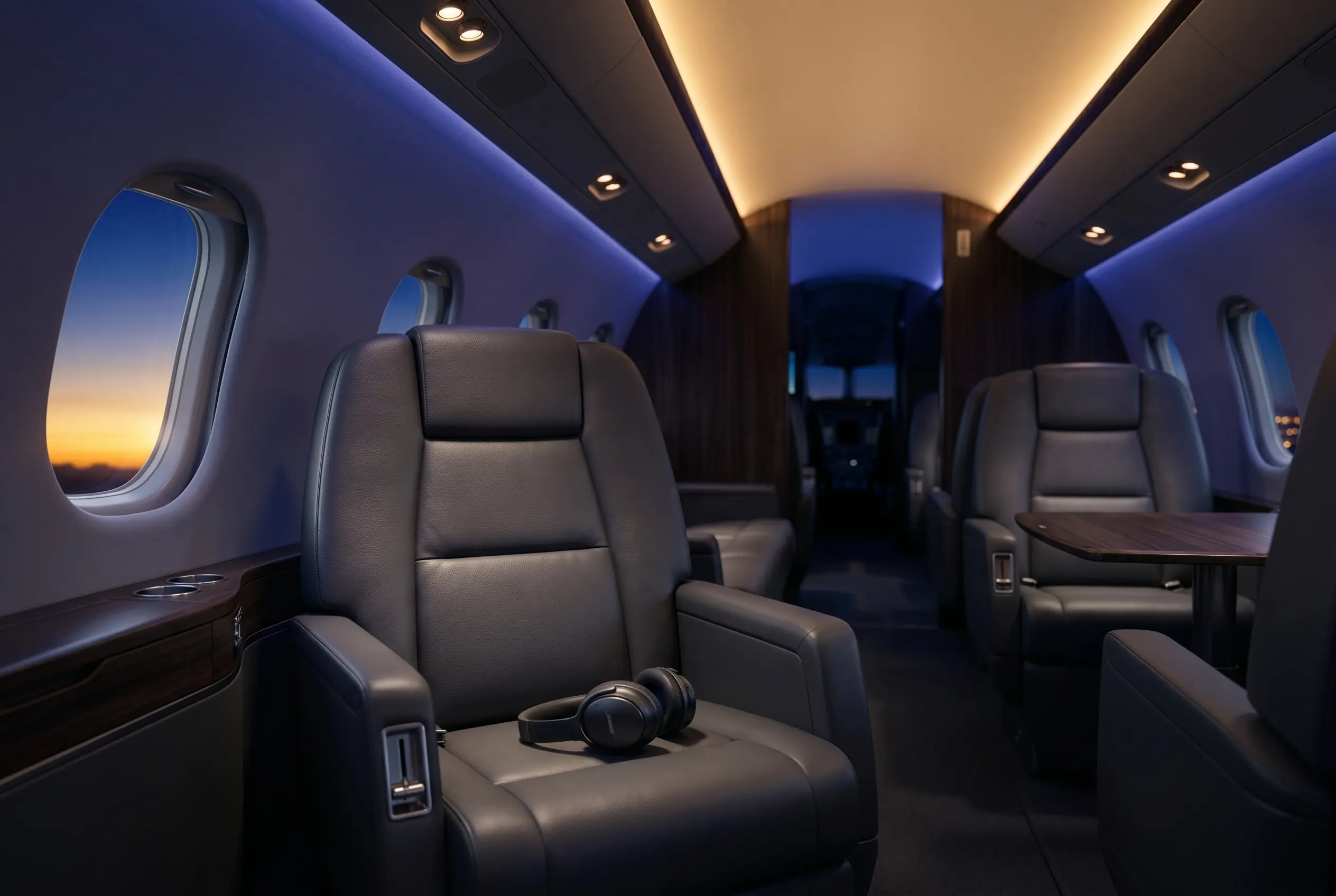 Private FBO lounge at dusk with a concierge attending to an arriving New York to Miami charter guest