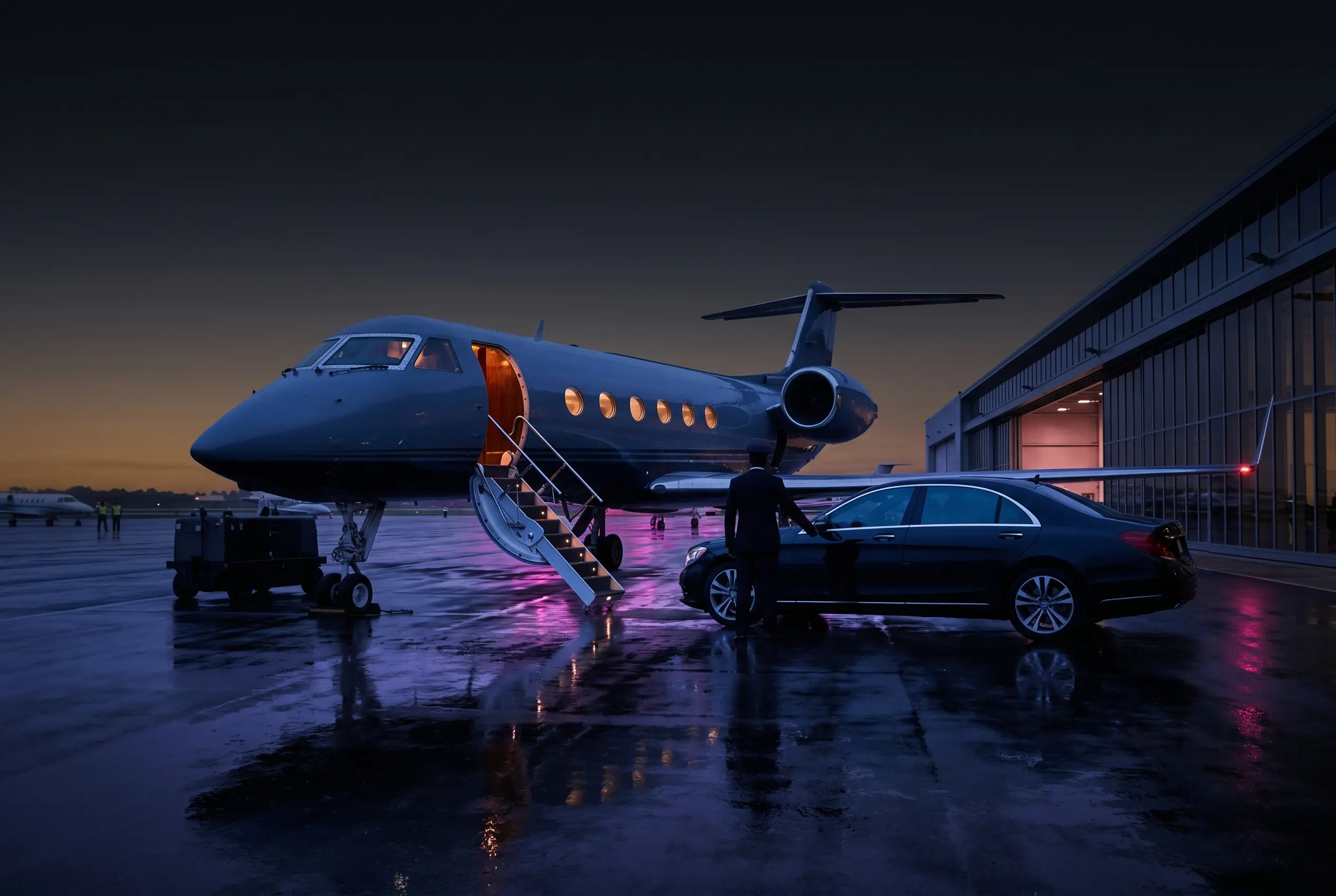 Chauffeured car waiting ramp-side at a Miami FBO to transfer a private jet passenger door to door