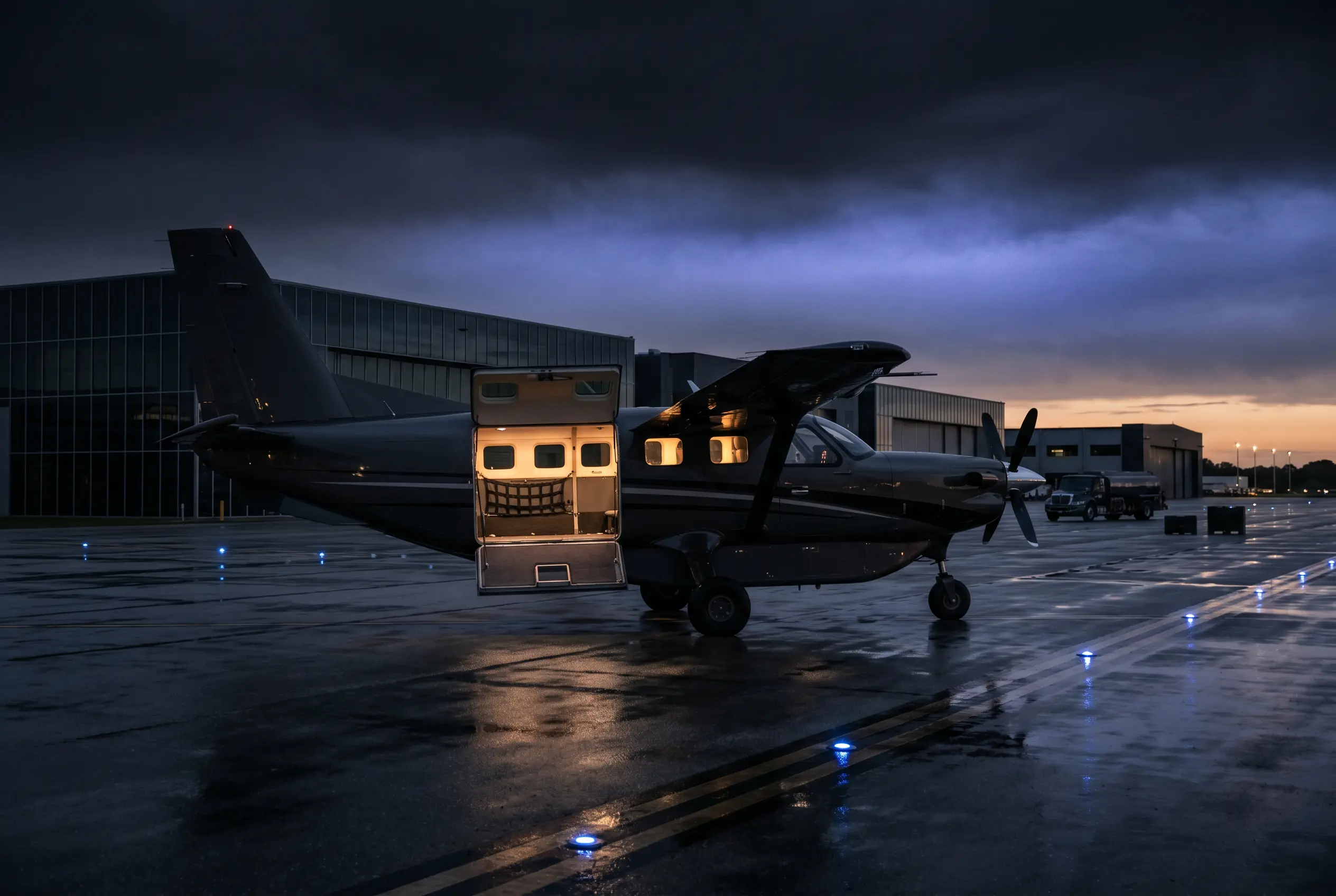 Daher Kodiak 900 with its large aft cargo door open on a quiet ramp at dusk ahead of a Miami departure