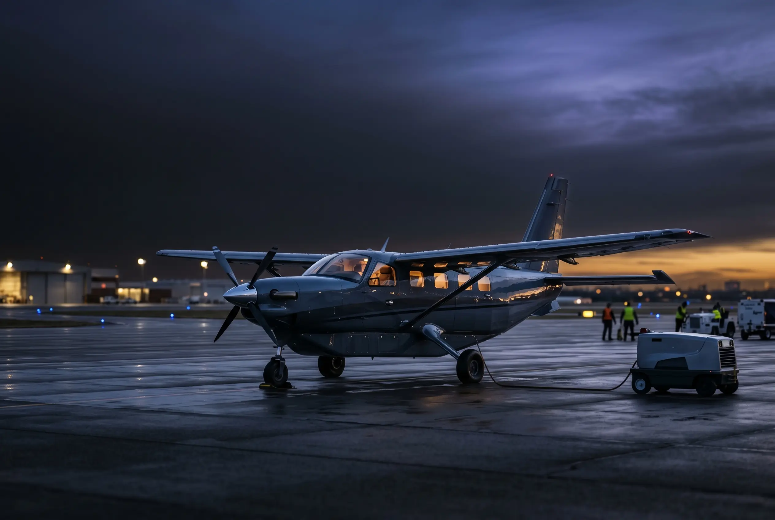 Daher Kodiak 900 single-engine utility turboprop on a regional ramp at dusk before a New York to Miami departure