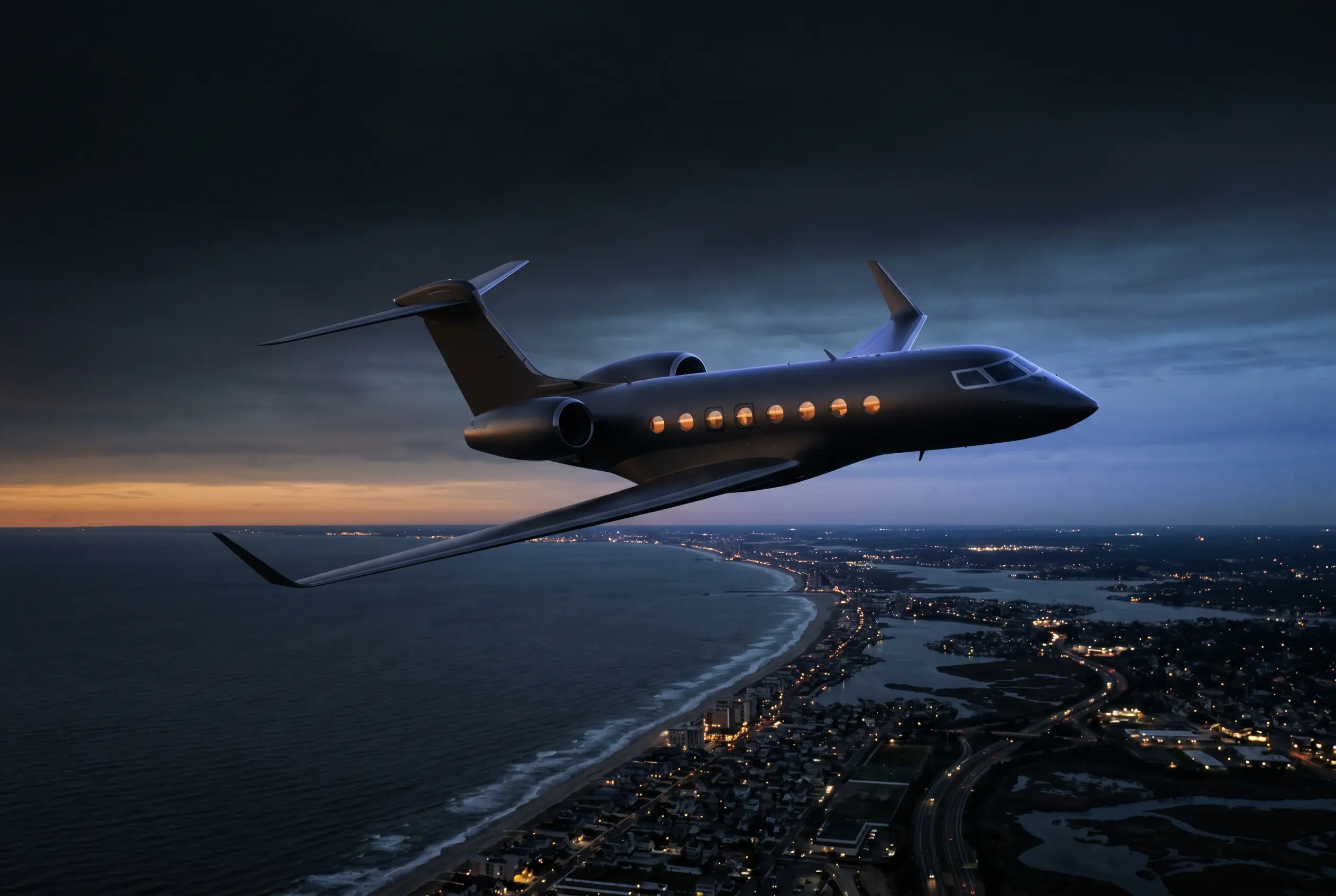 Private jet flying along the Eastern Seaboard coastline at dusk on a New York to Miami repositioning flight