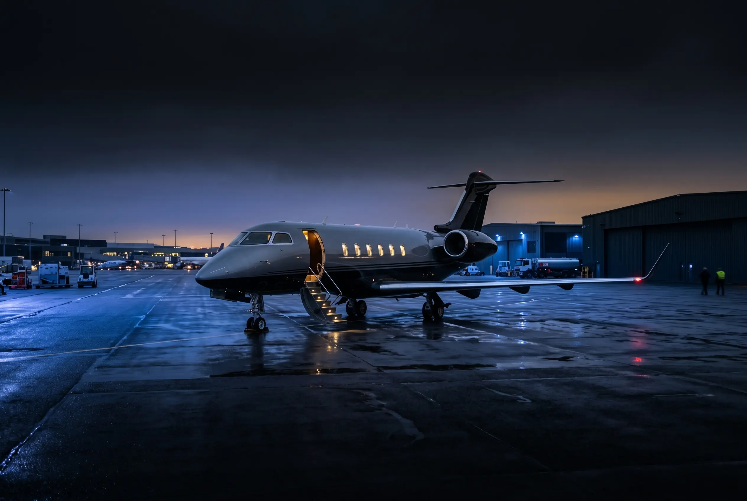Private jet repositioning empty on a ramp at dusk, available as a discounted empty leg between New York and Miami