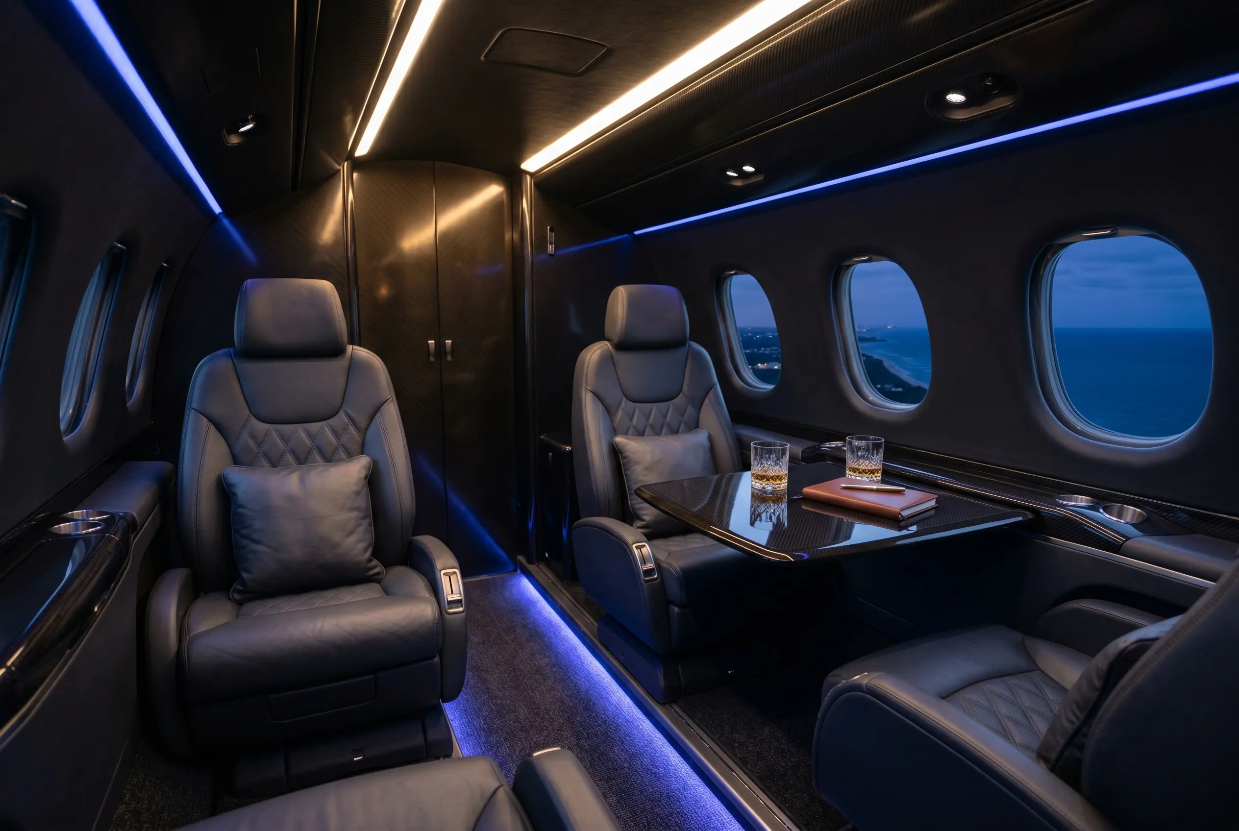 Epic E1000 GX carbon-fibre cabin with club leather seating configured for a New York to Miami charter