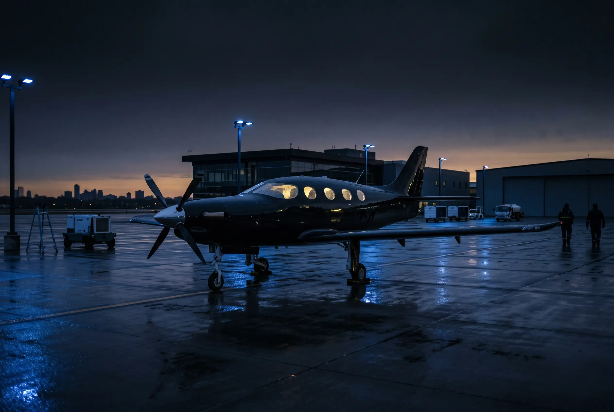 Epic E1000 GX single-engine turboprop on a regional ramp at dusk before a New York to Miami departure