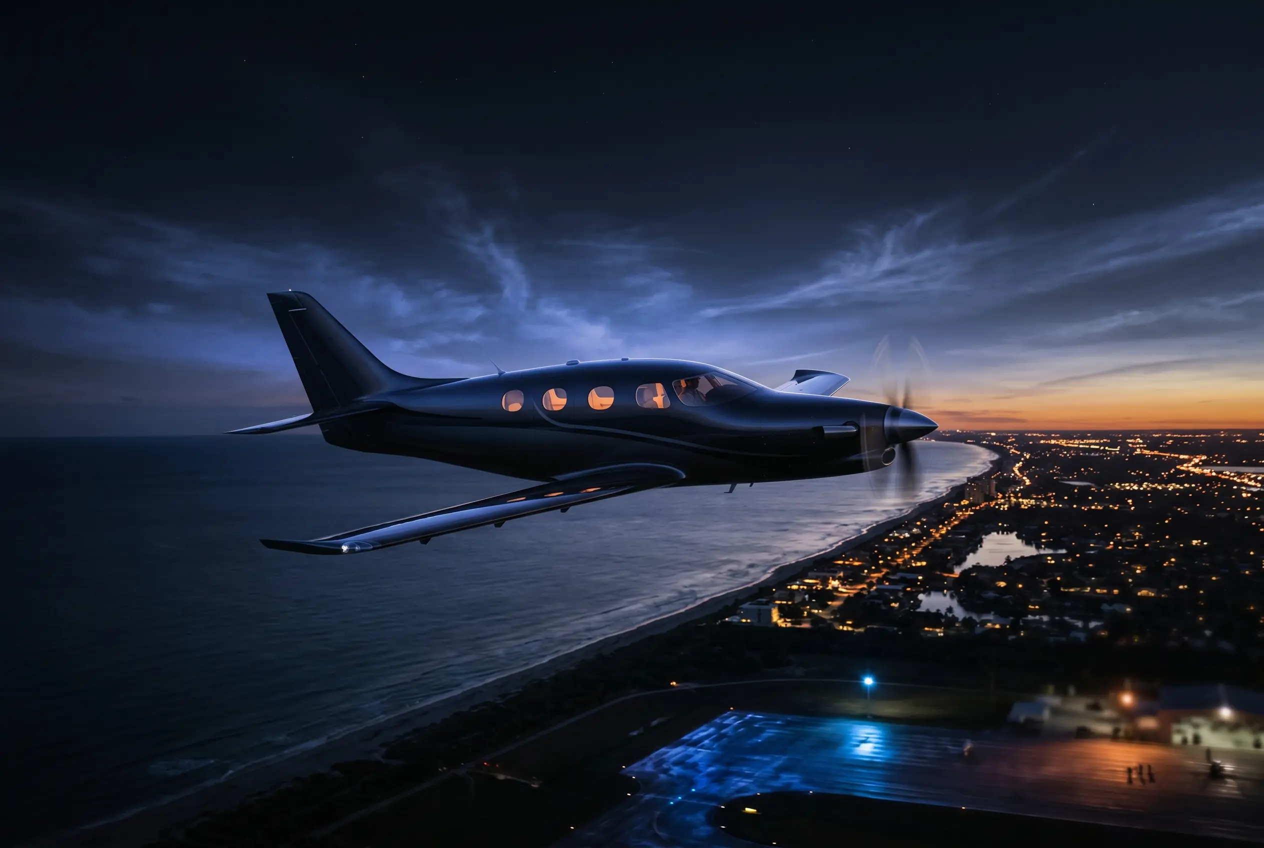 Epic E1000 GX cruising at high altitude at dusk over the coastline en route from New York to Miami