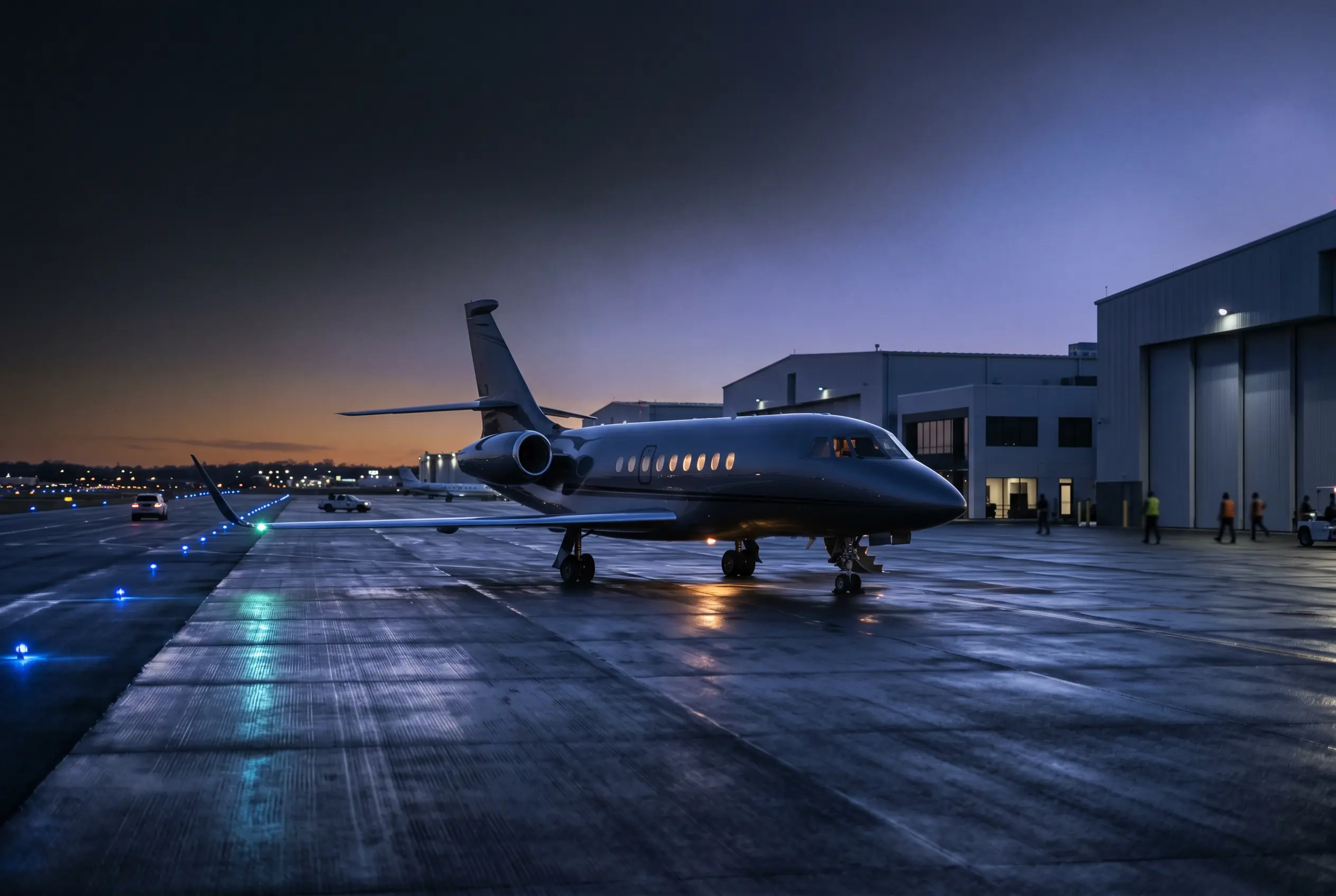 Dassault Falcon 2000LXS twinjet on a private ramp at dusk before a New York to Miami departure