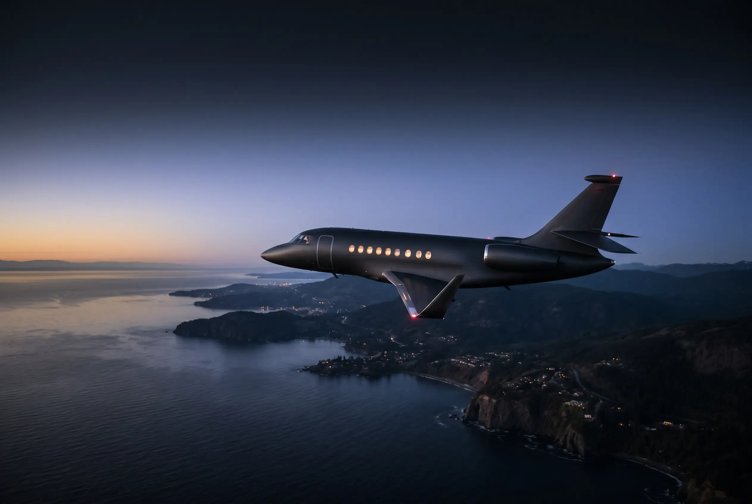 Dassault Falcon 2000LXS cruising at high altitude at dusk along the coastline en route from New York to Miami