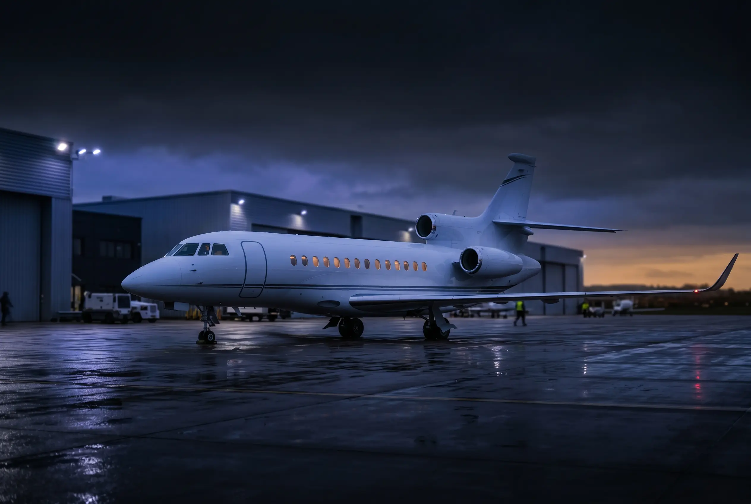 Dassault Falcon 7X trijet showing its three rear engines on a private ramp at dusk before a New York to Miami departure