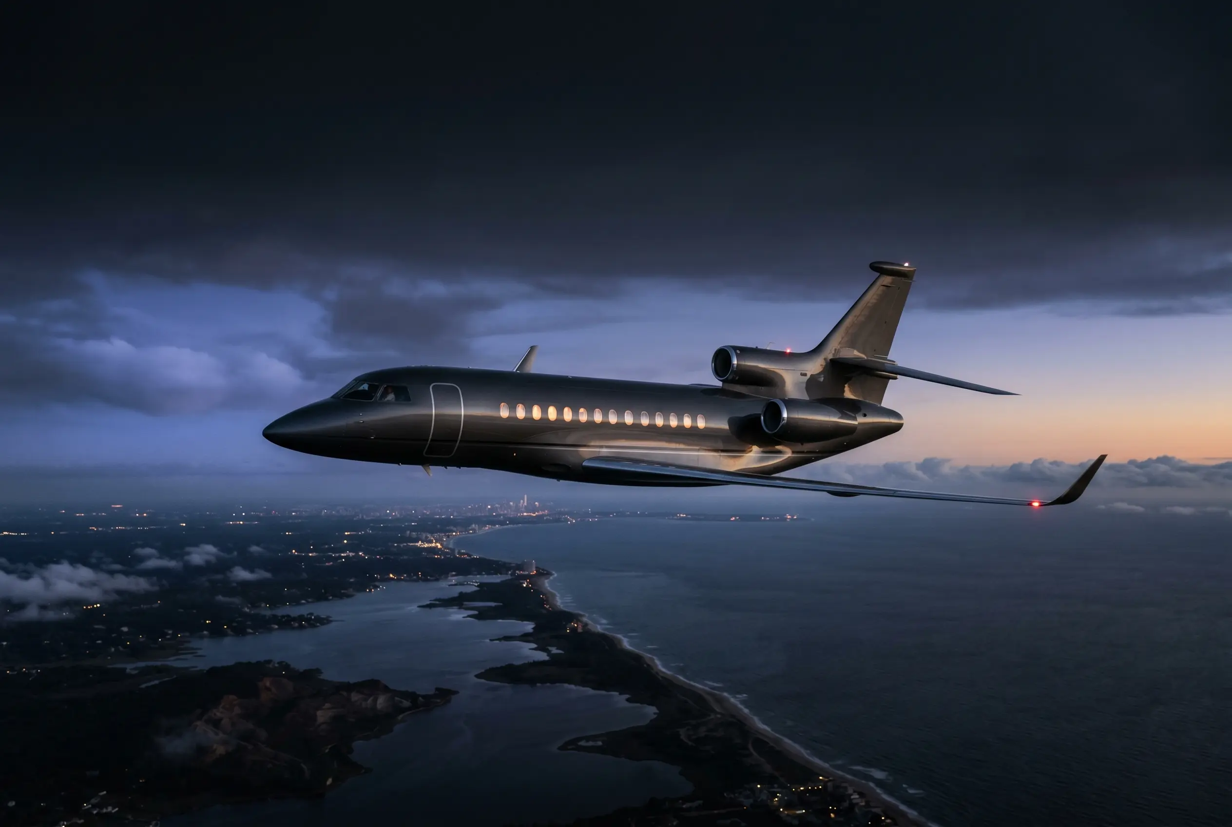 Dassault Falcon 7X cruising at high altitude at dusk along the coastline en route from New York to Miami