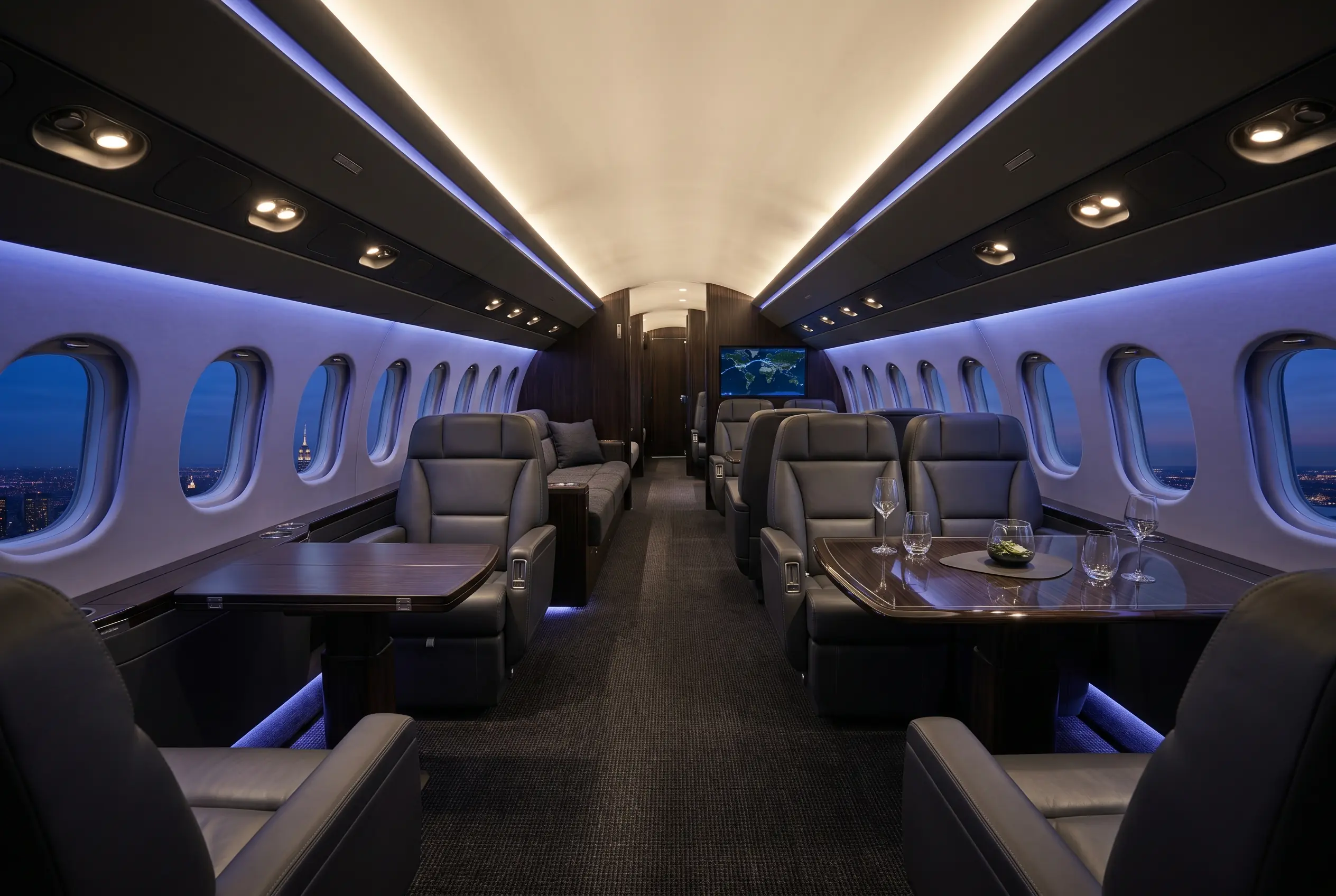 Dassault Falcon 8X with the longest Falcon cabin in three living zones, configured for a New York to Miami charter