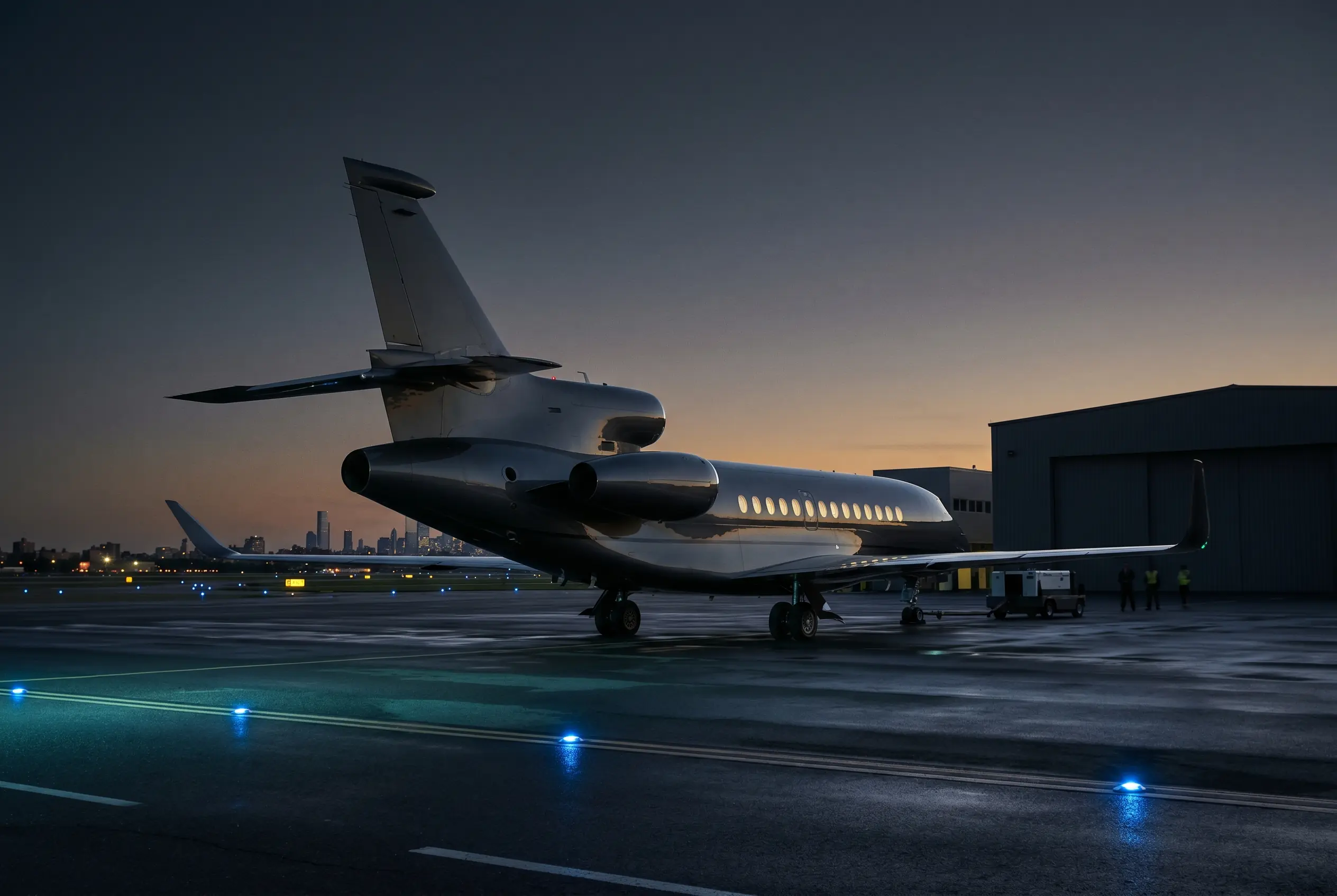 Dassault Falcon 8X trijet showing its three rear engines on a private ramp at dusk before a New York to Miami departure