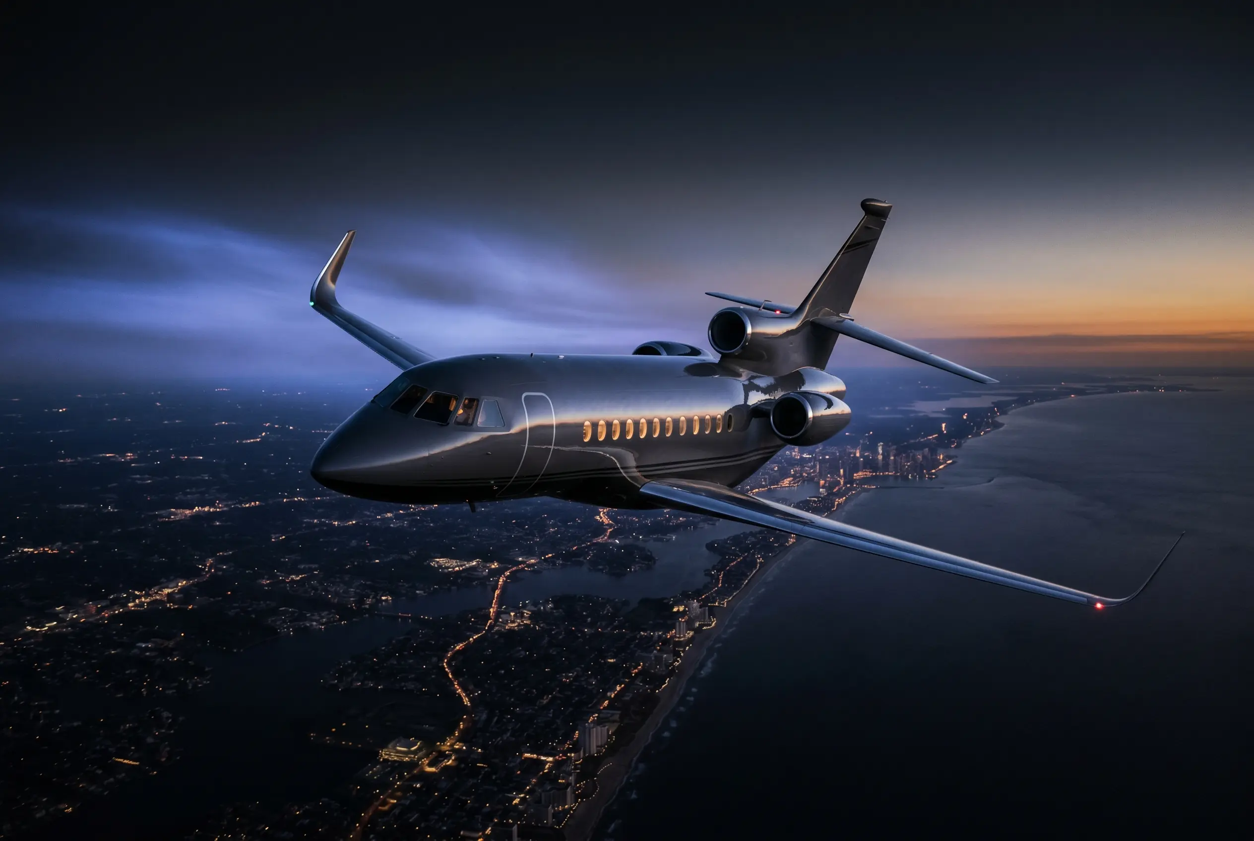 Dassault Falcon 900LX cruising at high altitude at dusk along the Eastern Seaboard en route from New York to Miami