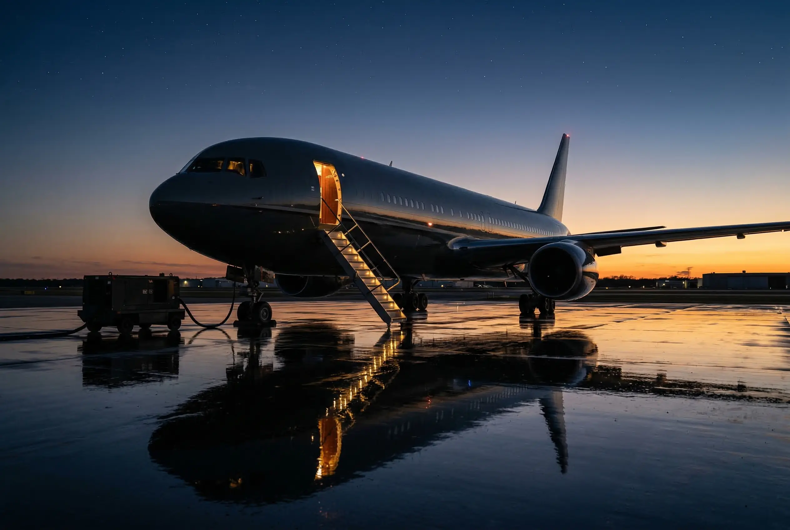 Large-cabin business jet on a private ramp at dusk — door open with warm cabin light for NY to Miami charter service