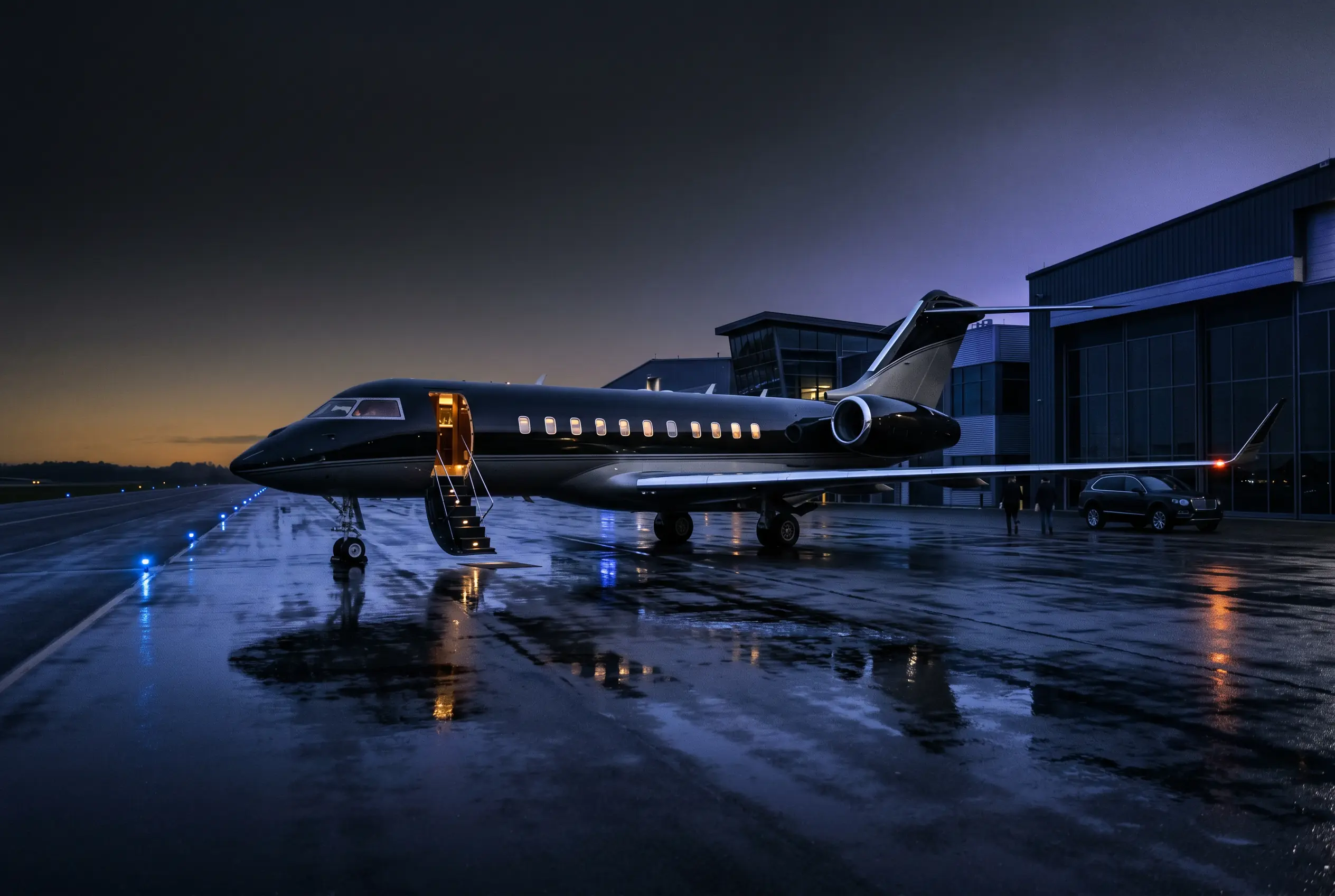Bombardier Global 5000 on a private ramp at dusk before a New York to Miami departure