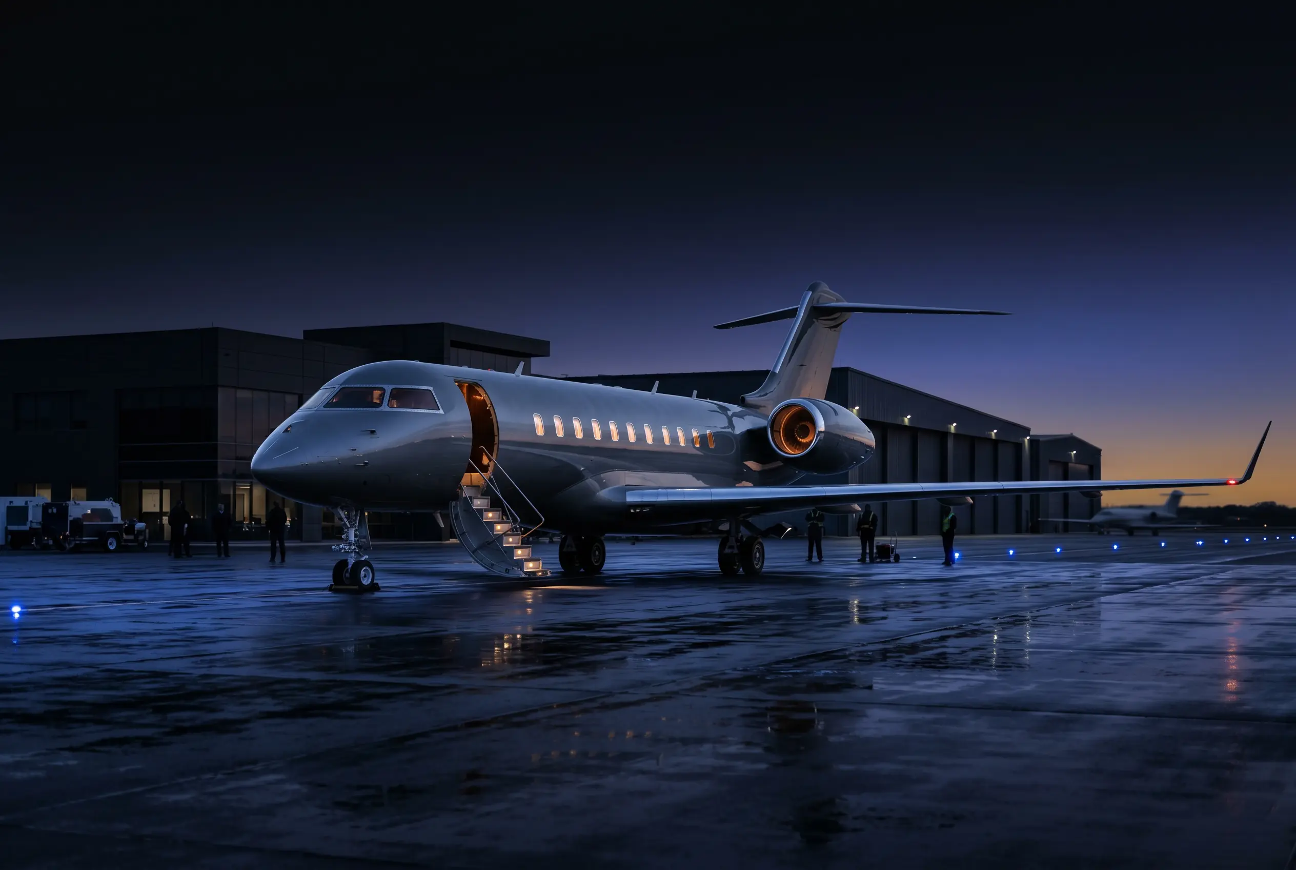 Bombardier Global 5500 with Pearl 15 engines on a private ramp at dusk before a New York to Miami departure