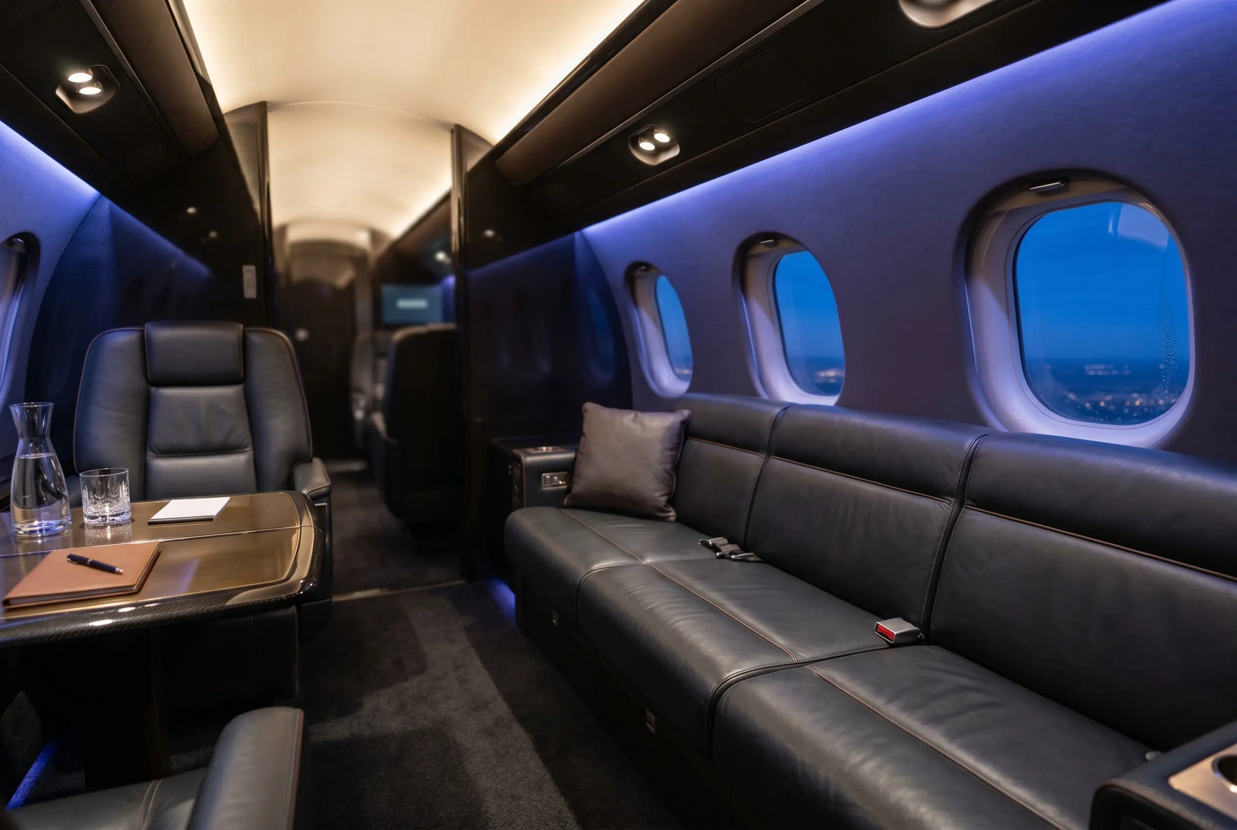 Private stateroom in a Bombardier Global 6000 during a New York to Miami flight