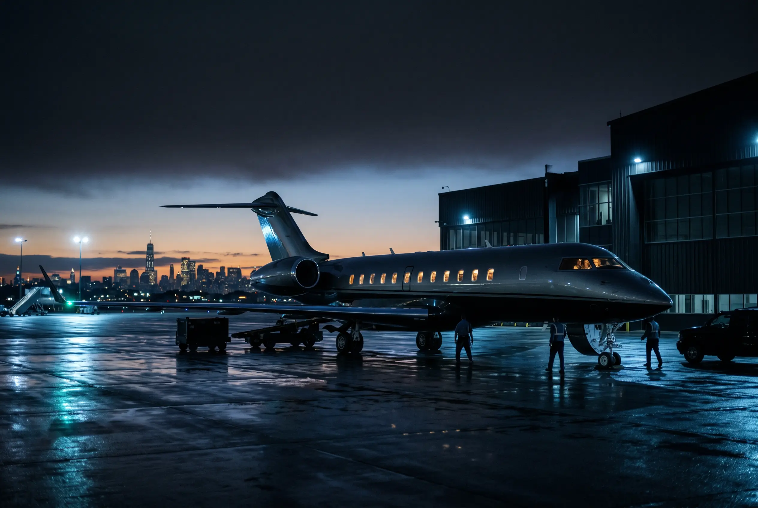 Bombardier Global 6000 on a private ramp at dusk before a New York to Miami departure