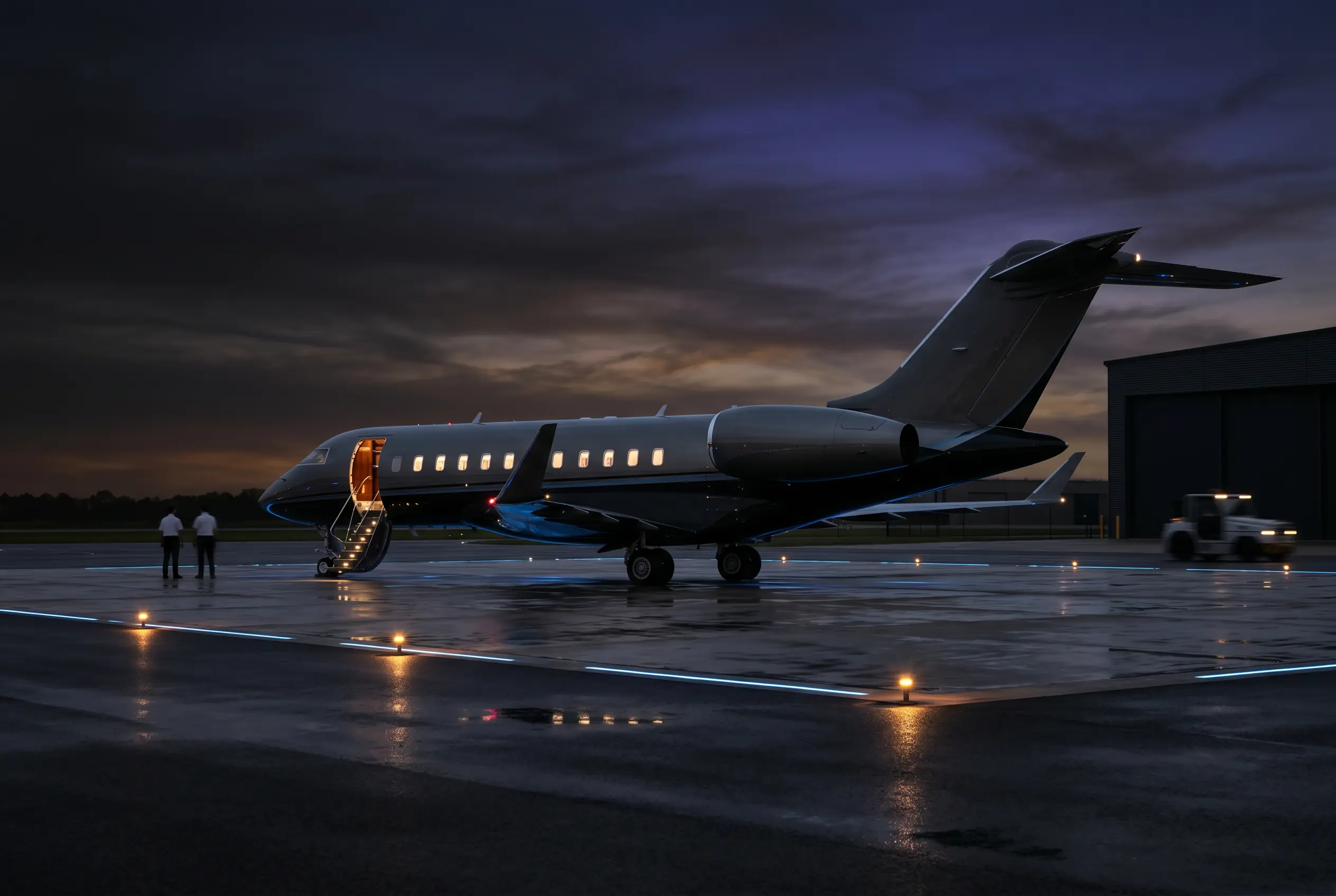 Bombardier Global 6500 on a private ramp at dusk before a New York to Miami departure
