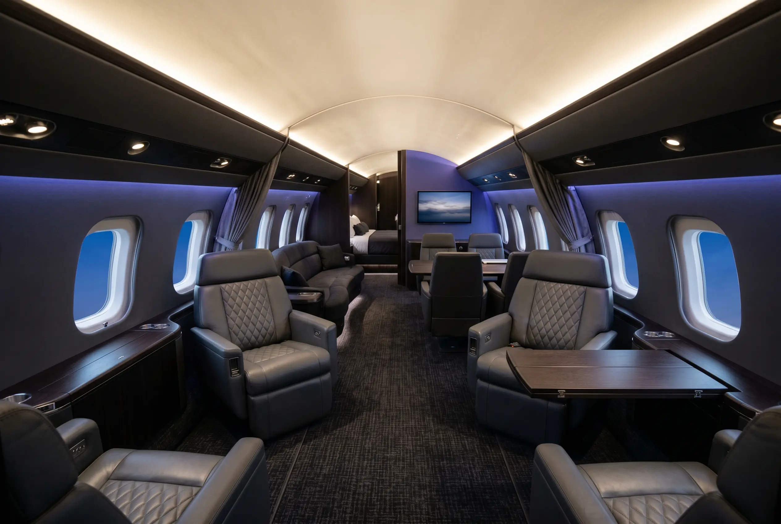 Bombardier Global 7500 with four living zones and an eight-foot-wide cabin, configured for a New York to Miami charter