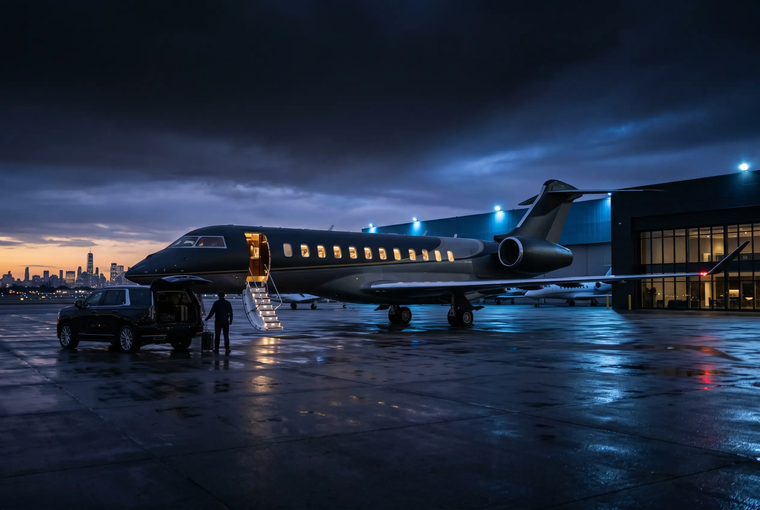Bombardier Global 7500 on a private ramp at dusk before a New York to Miami departure