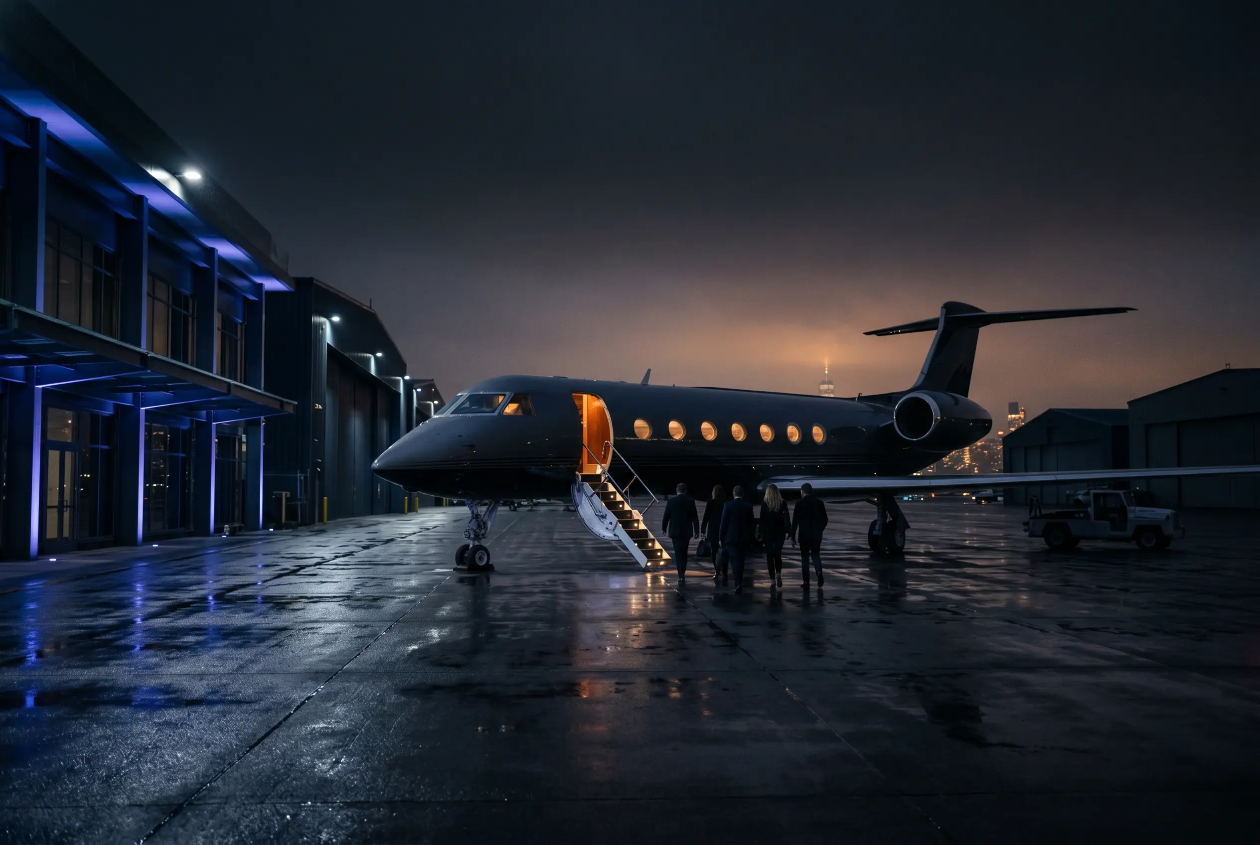 A group boarding a large private jet at a New York FBO at dusk for Miami