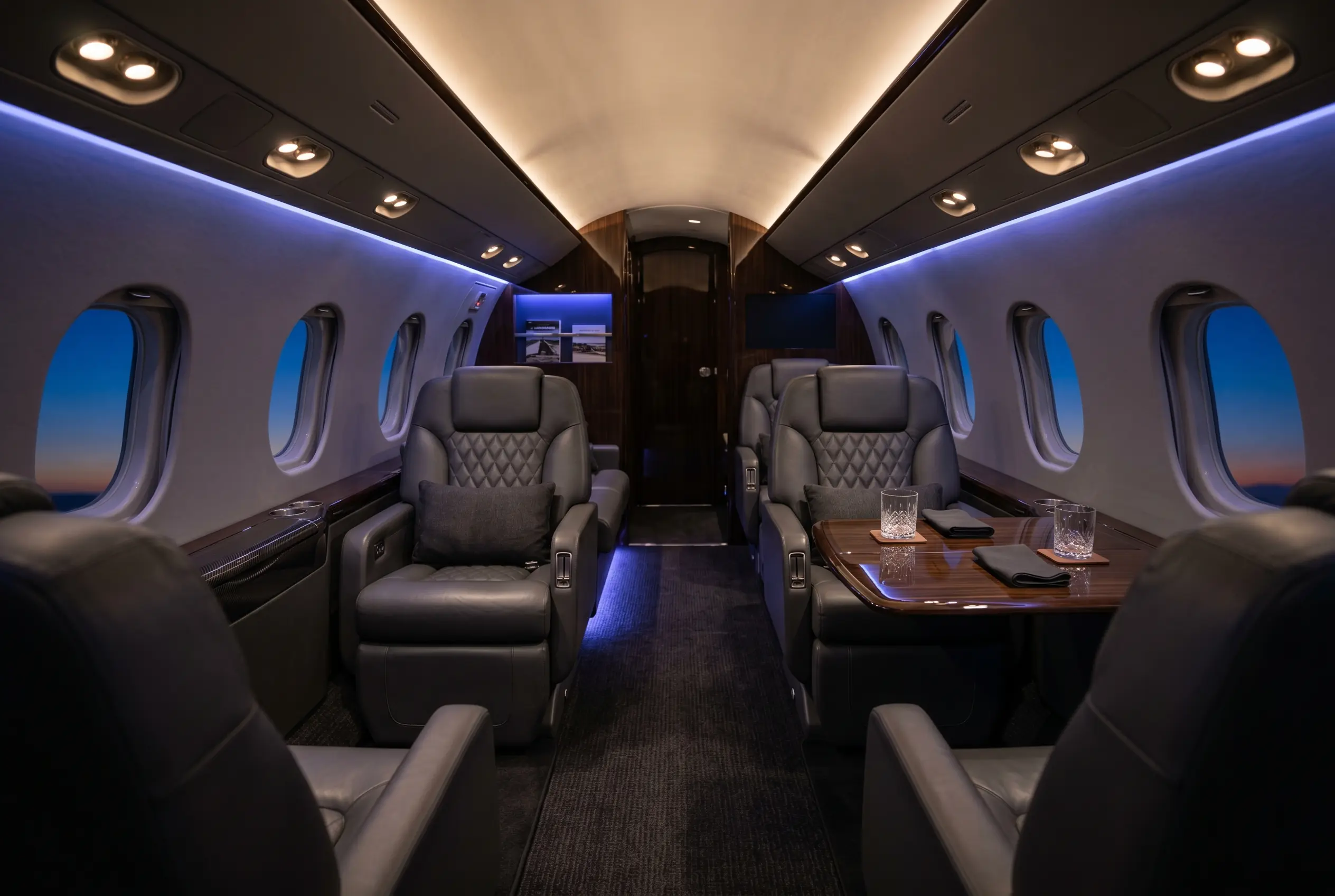 Large jet cabin set up for a group travelling together from New York to Miami