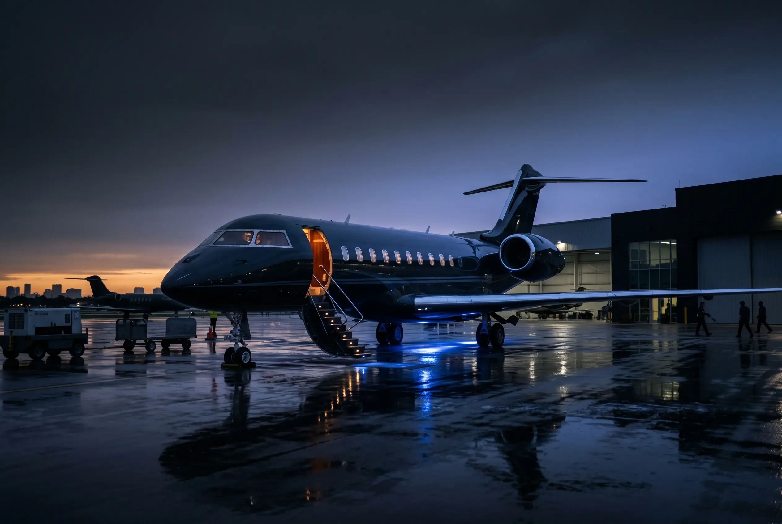 Large-cabin jet on a private ramp at dusk ready for a group charter to Miami