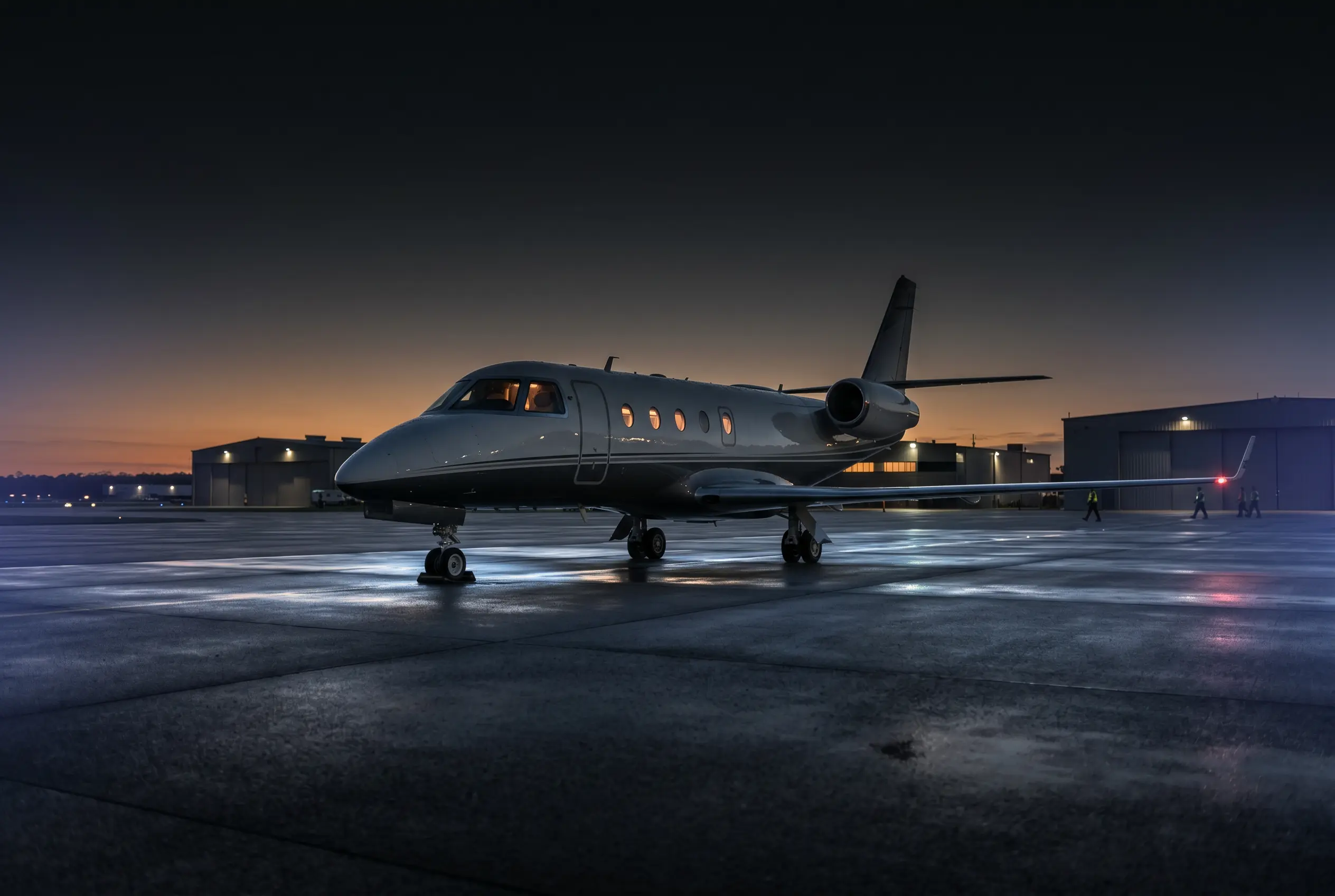 Gulfstream G150 on a private ramp at dusk before a New York to Miami departure