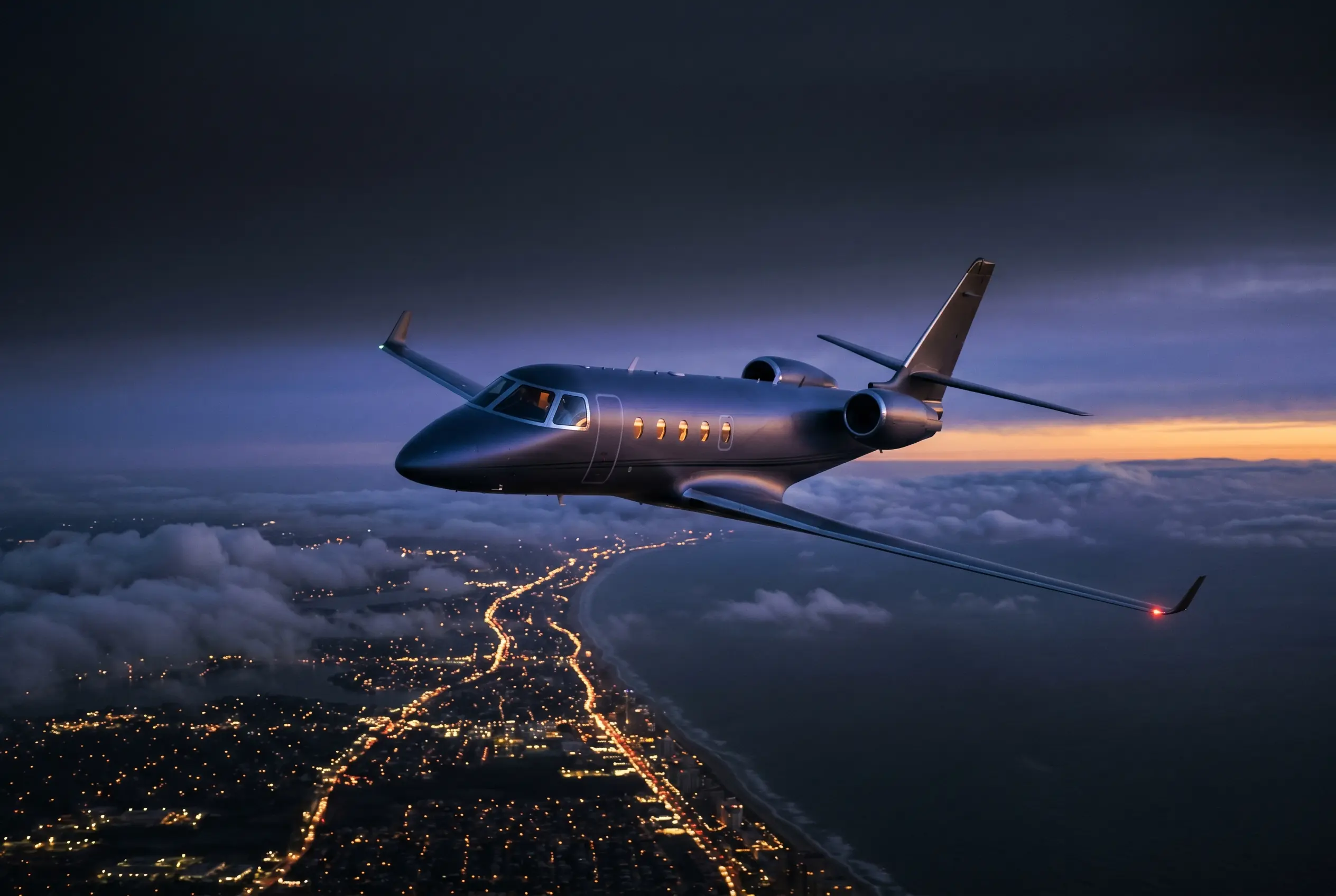 Gulfstream G150 in fast cruise at dusk over the Eastern Seaboard en route from New York to Miami