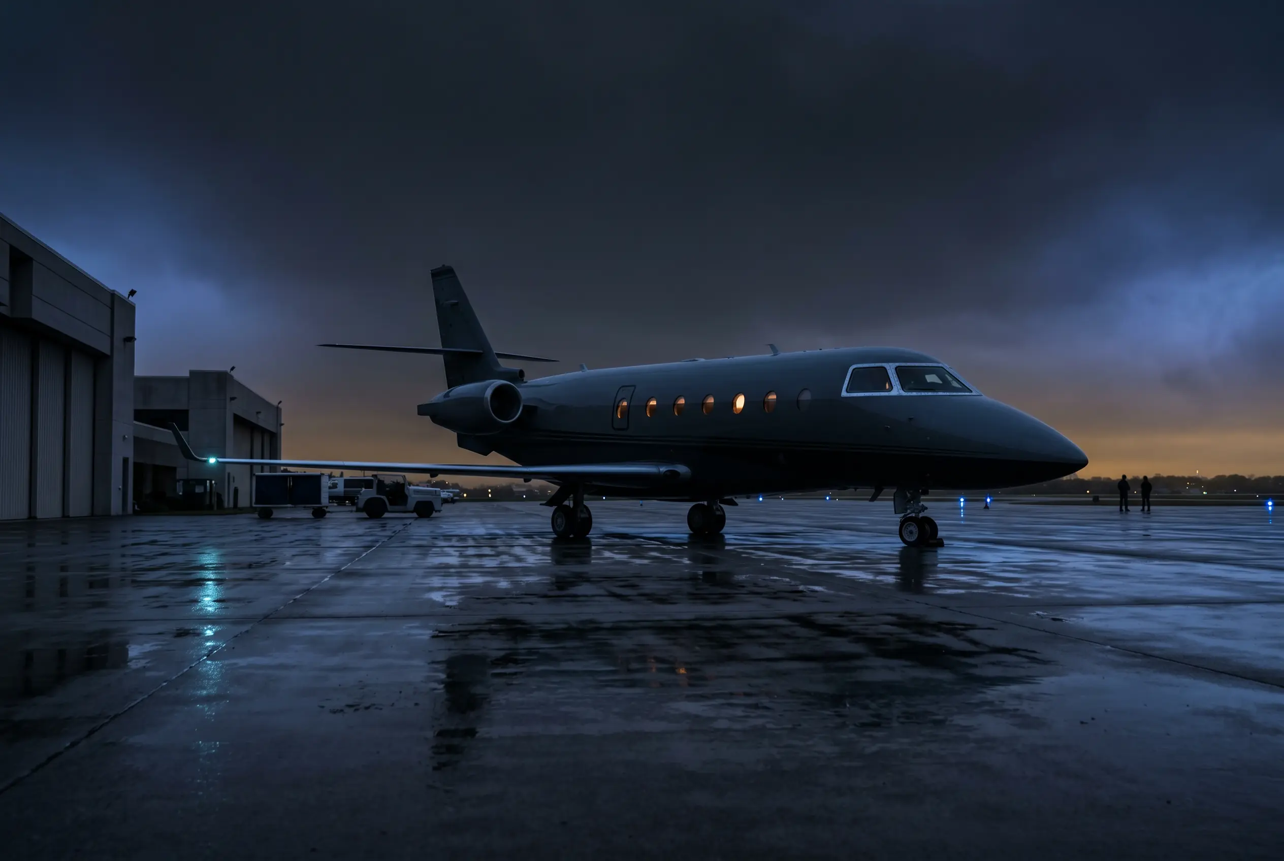 Gulfstream G200 on a private ramp at dusk before a New York to Miami departure