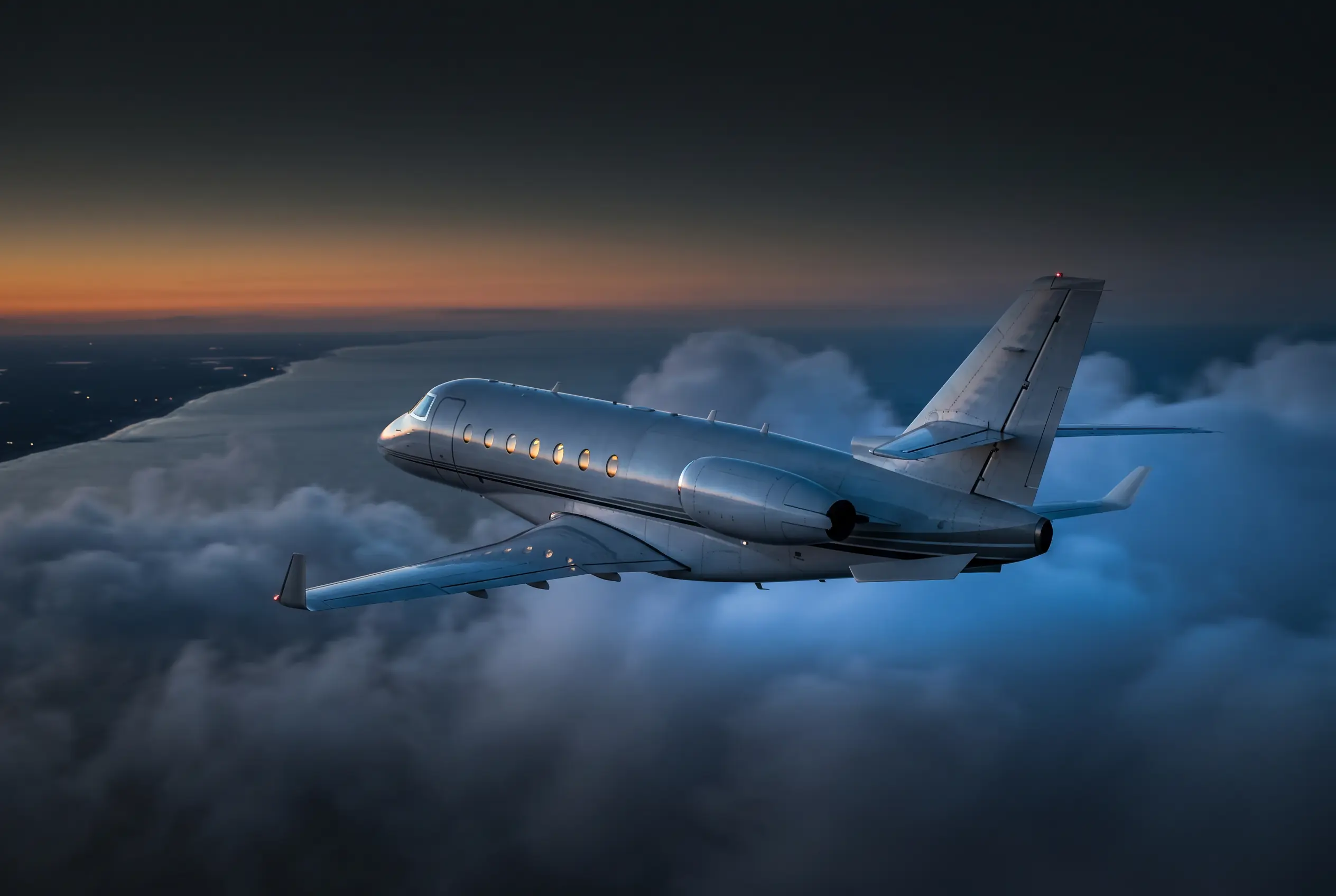 Gulfstream G200 in flight at altitude at dusk above the Eastern Seaboard en route from New York to Miami