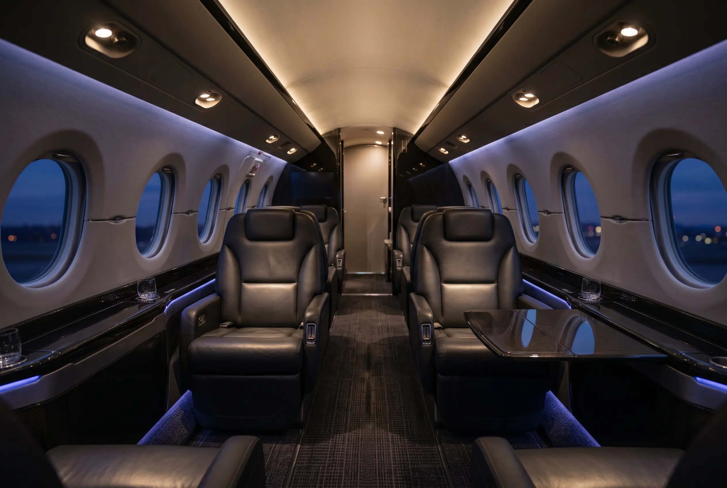 Gulfstream G280 wide cabin with signature oval windows and double-club seating, configured for a New York to Miami charter