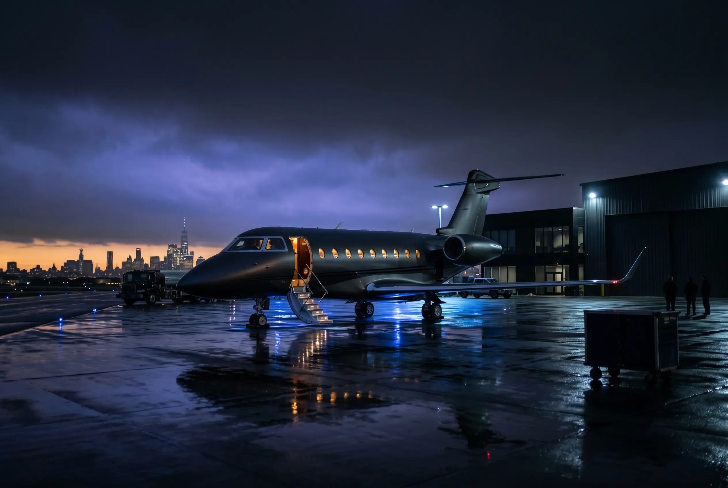 Gulfstream G280 on a private ramp at dusk before a New York to Miami departure