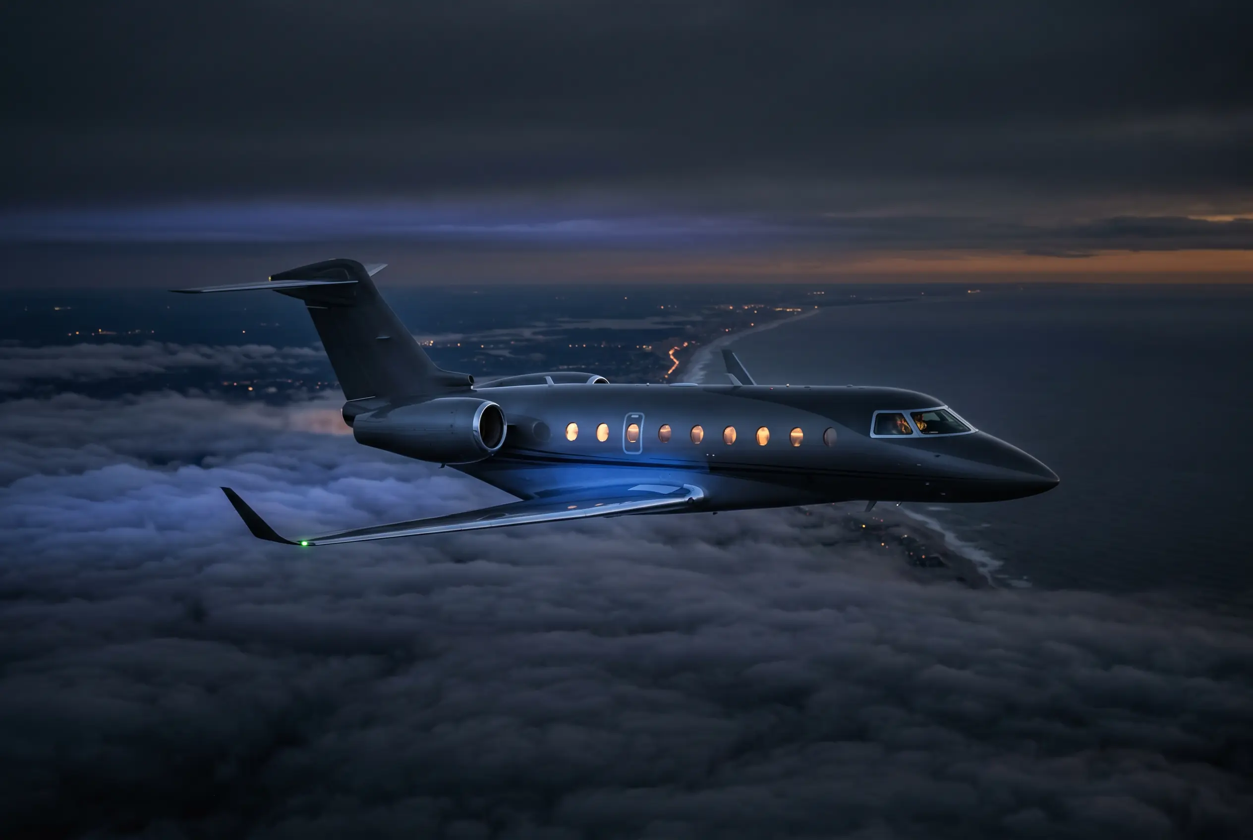 Gulfstream G280 in flight at altitude over the Eastern Seaboard at dusk en route from New York to Miami