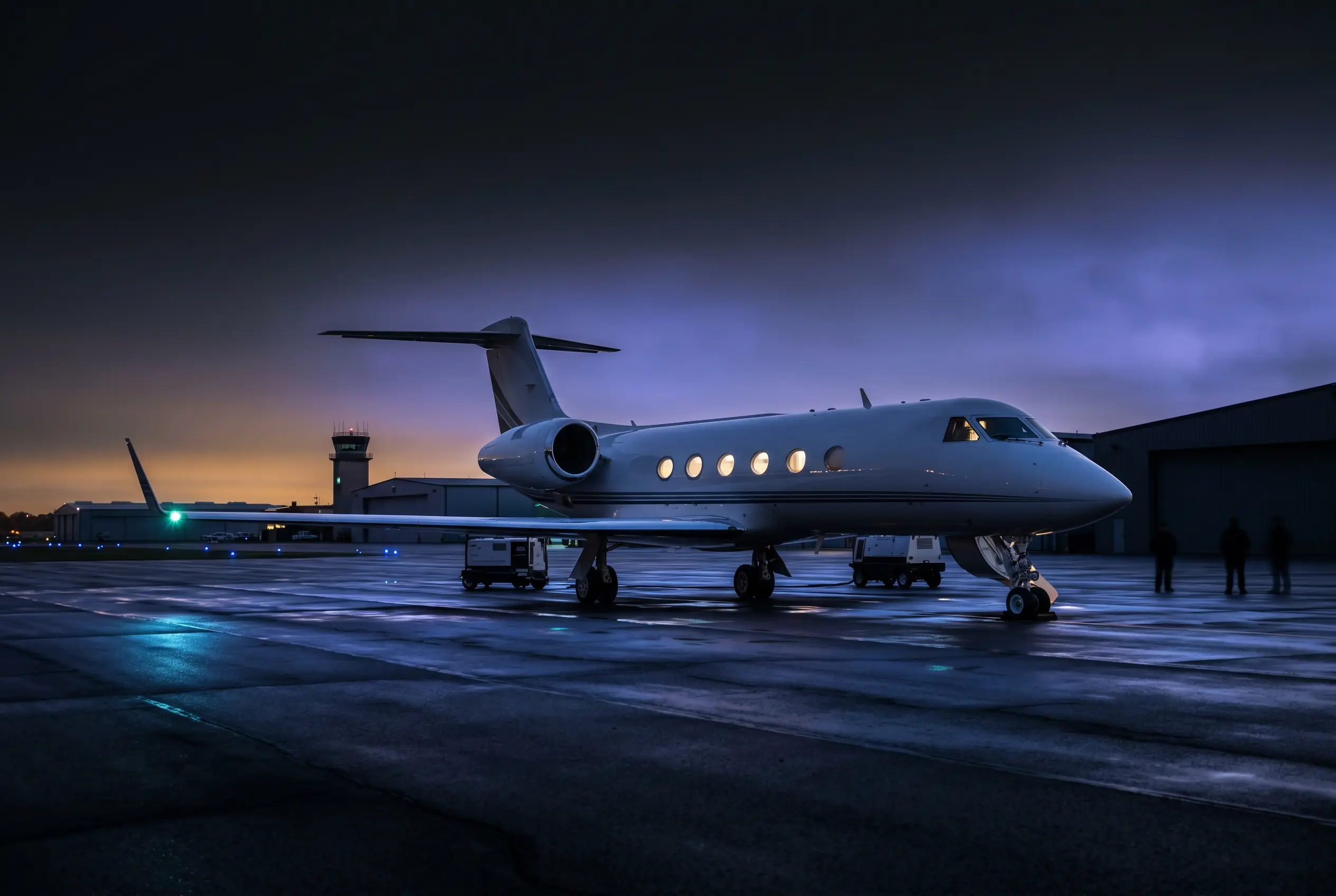 Gulfstream G450 on a private ramp at dusk before a New York to Miami departure