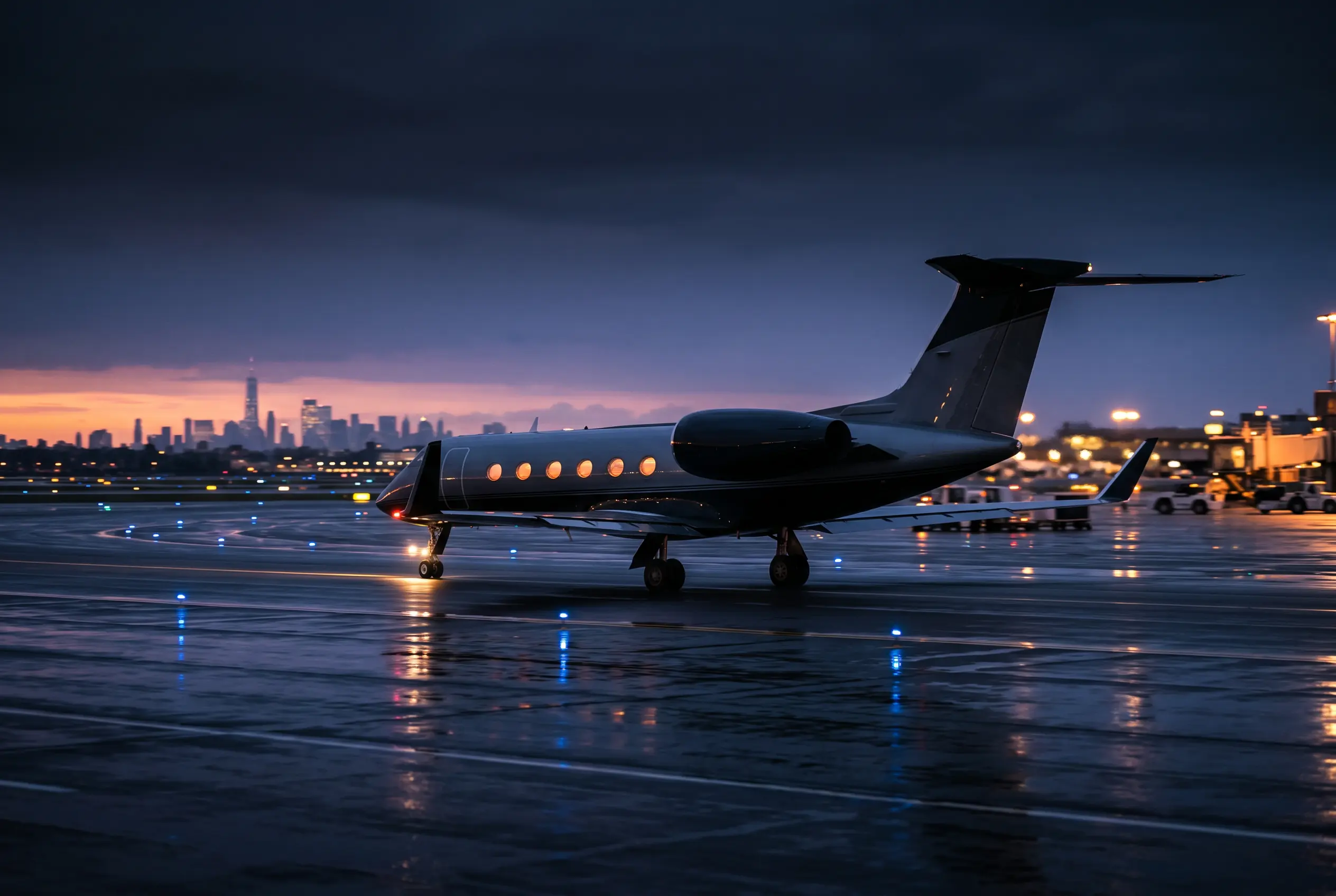 Gulfstream G450 cruising at high altitude at dusk along the Eastern Seaboard en route from New York to Miami