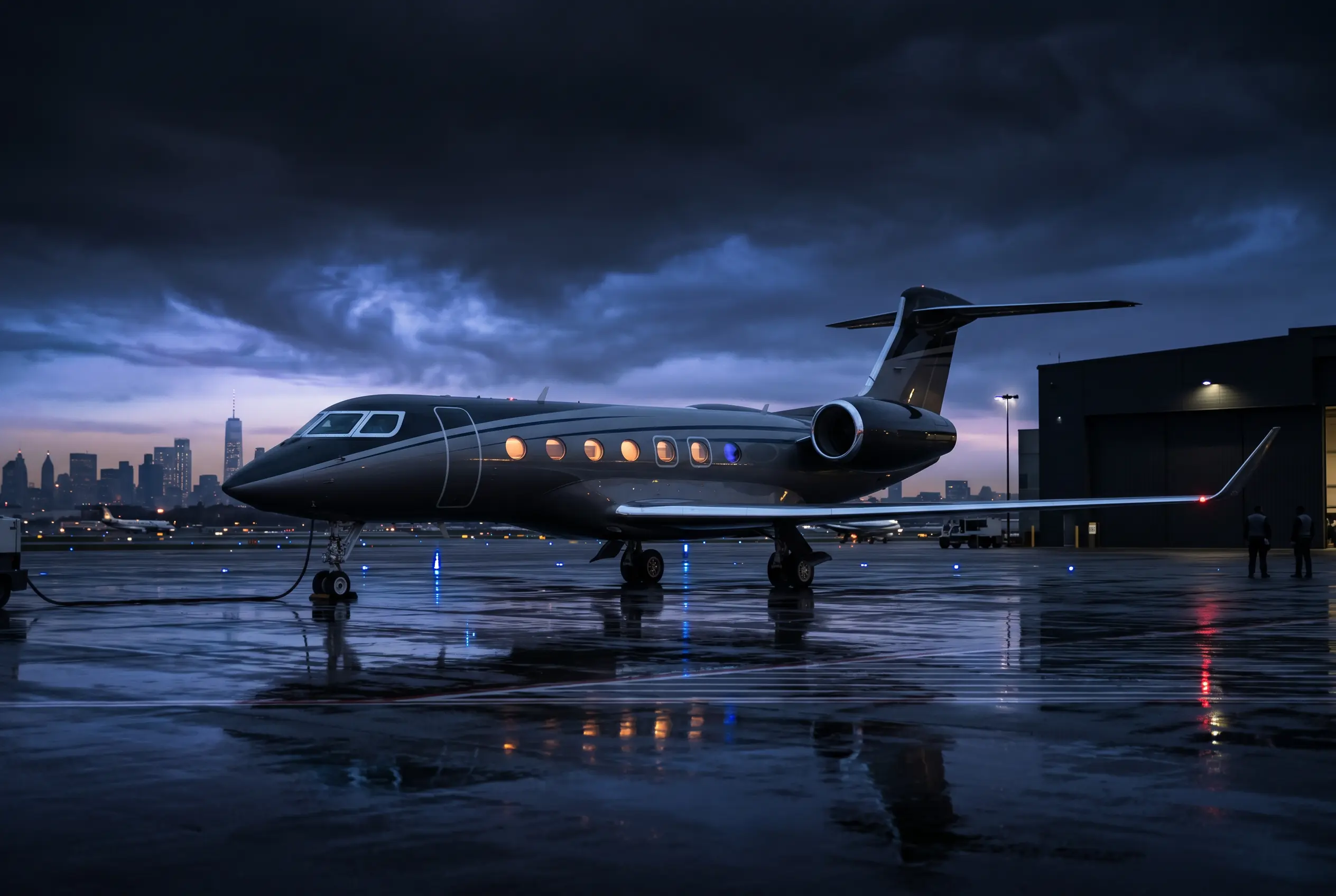 Gulfstream G500 on a private ramp at dusk before a New York to Miami departure