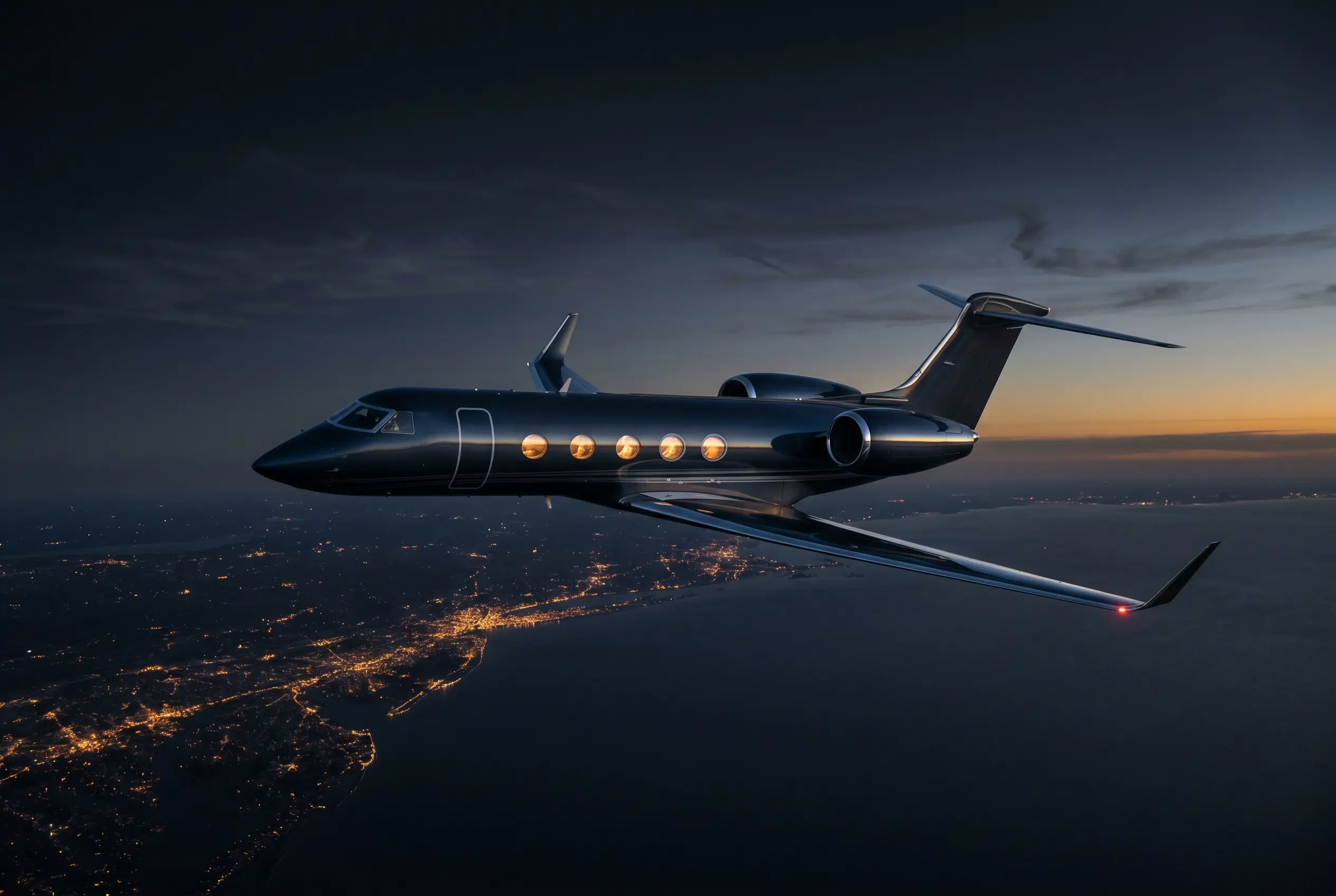 Gulfstream G500 cruising at high altitude at dusk along the Eastern Seaboard en route from New York to Miami