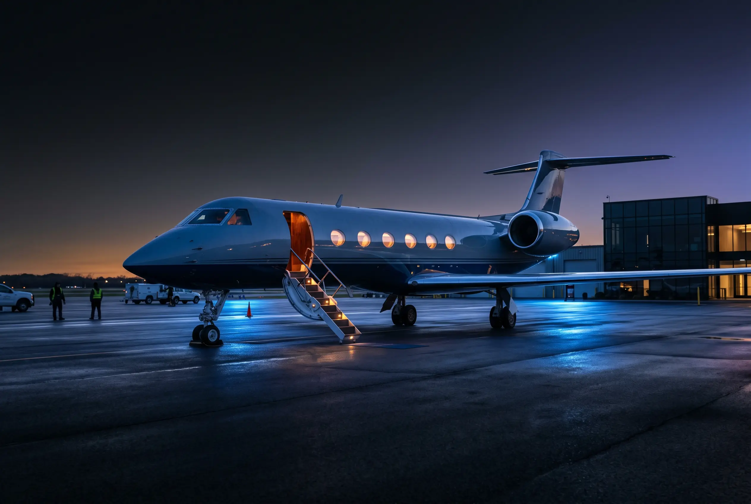 Gulfstream G550 on a private ramp at dusk before a New York to Miami departure