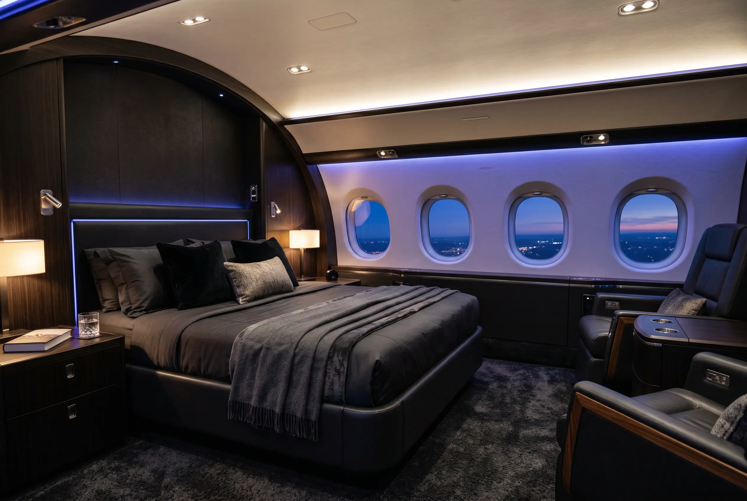 Private aft stateroom in a Gulfstream G600 during a New York to Miami flight