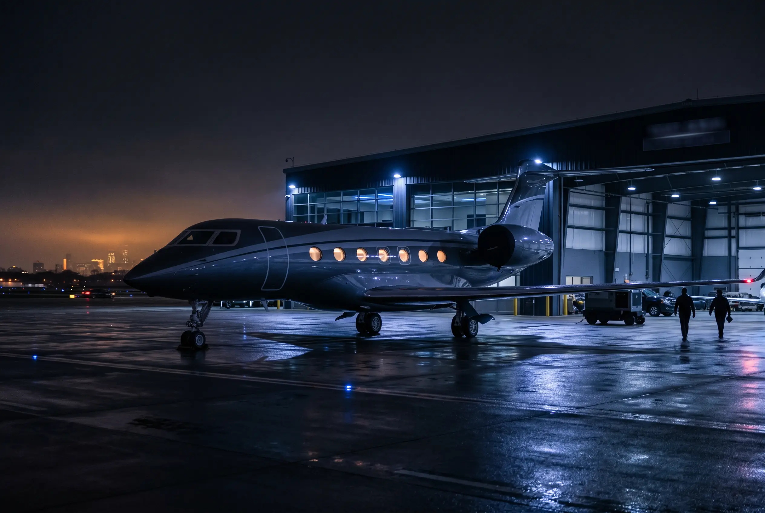 Gulfstream G600 on a private ramp at dusk before a New York to Miami departure