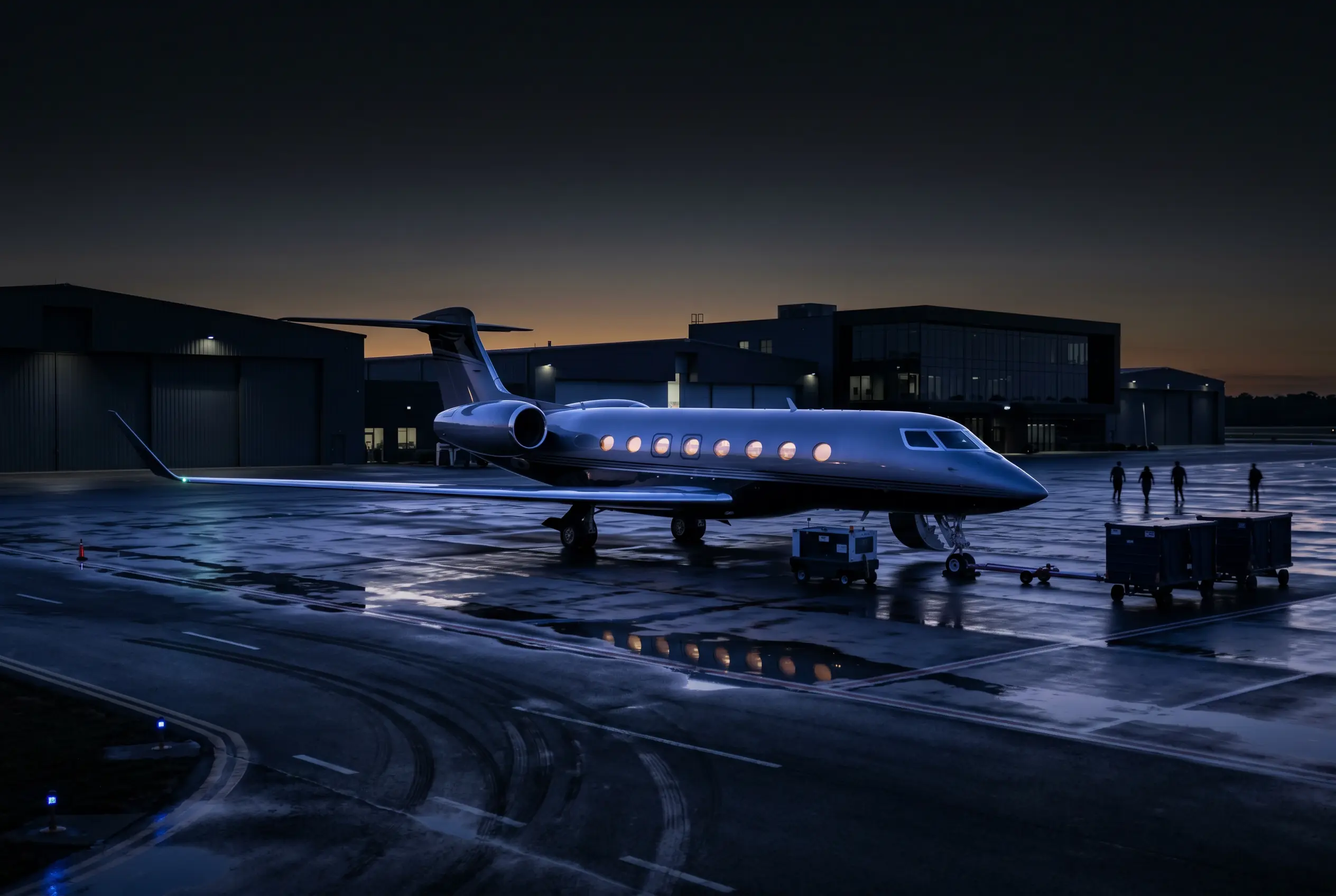 Gulfstream G650ER on a private ramp at dusk before a New York to Miami departure