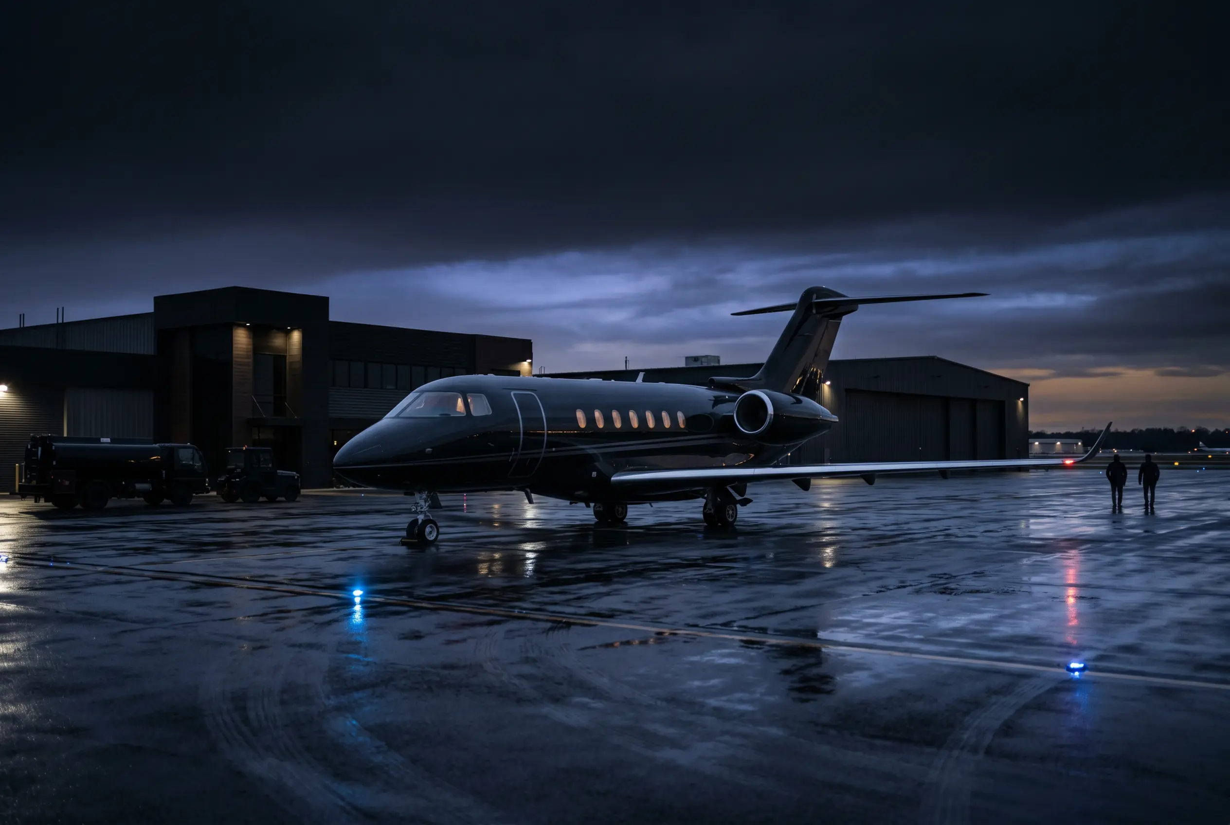 Hawker 4000 with its composite fuselage on a private ramp at dusk before a New York to Miami departure