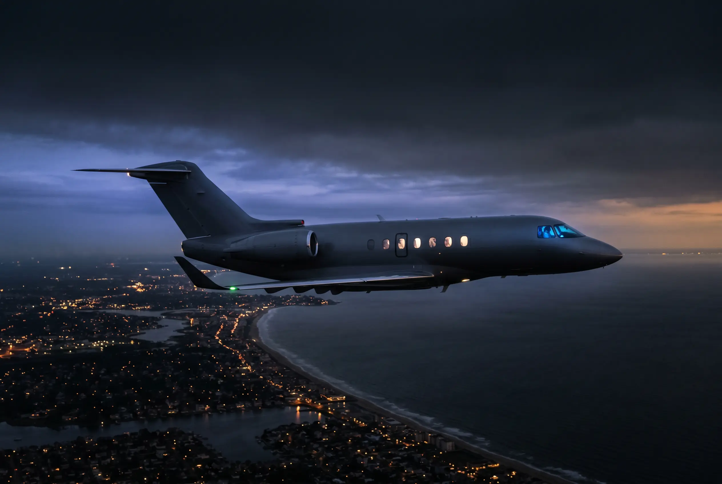 Hawker 4000 in flight at altitude at dusk above the coastline en route from New York to Miami